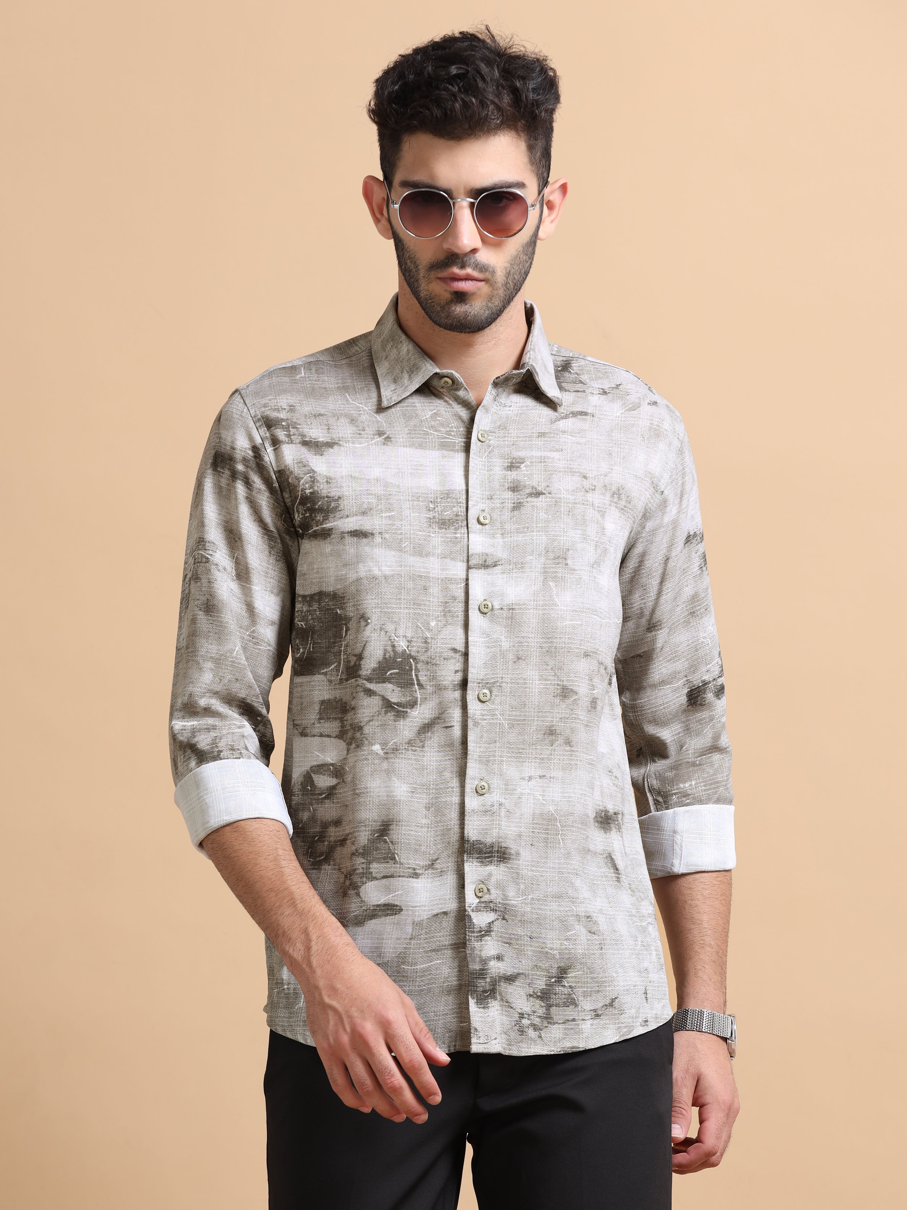 Men Grey Printed Cotton Blend Shirt