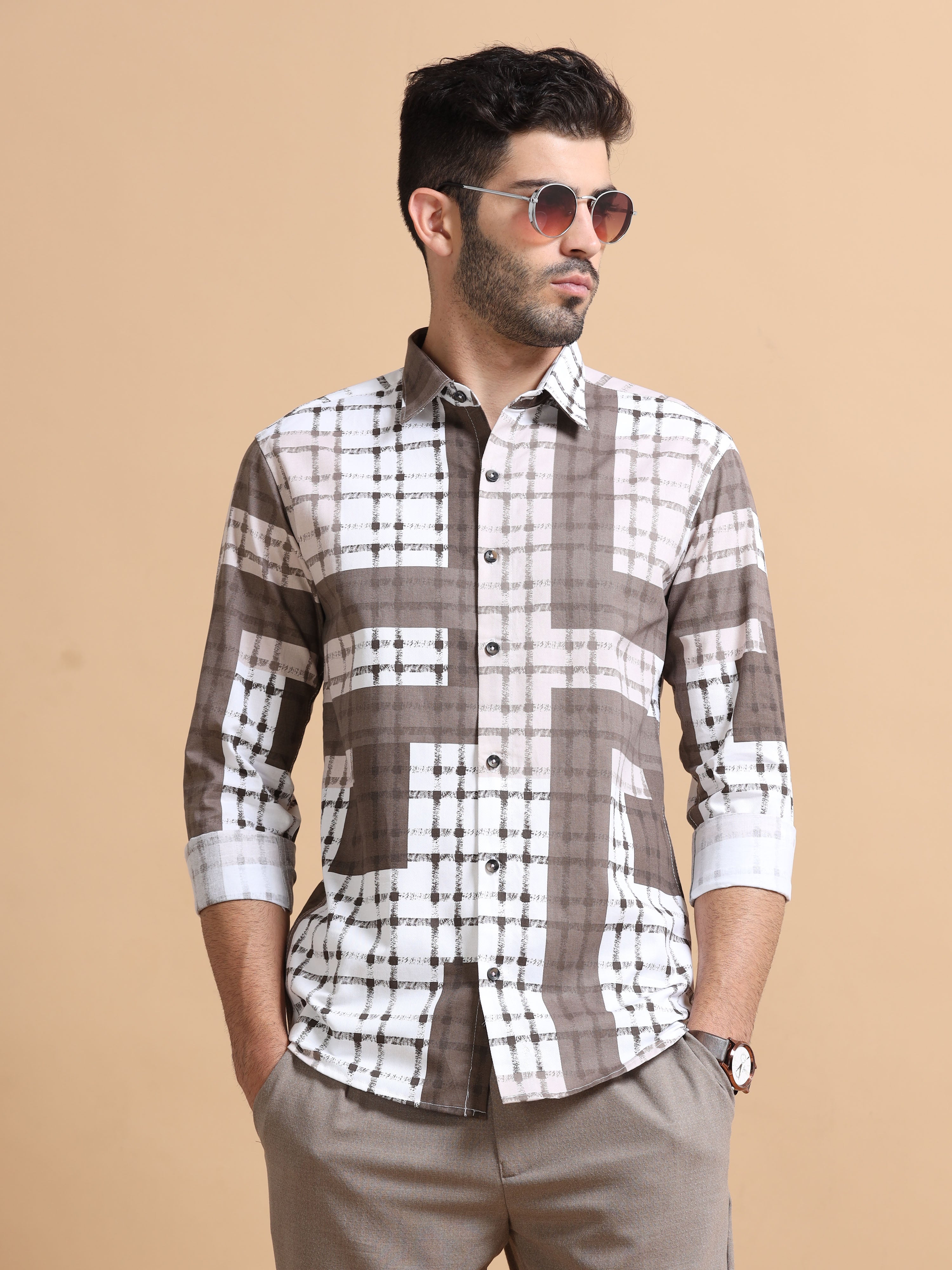 Men Brown Checked Cotton Shirt