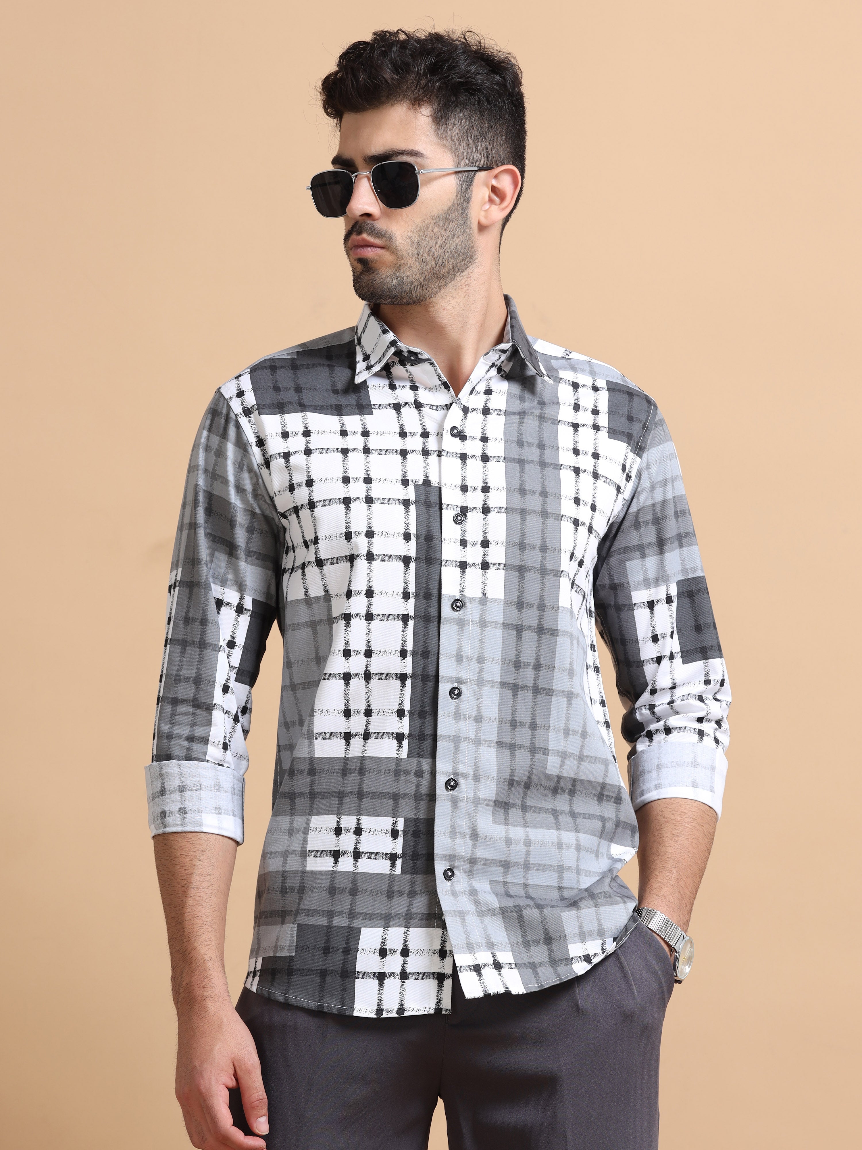 Men Grey Checked Cotton Shirt