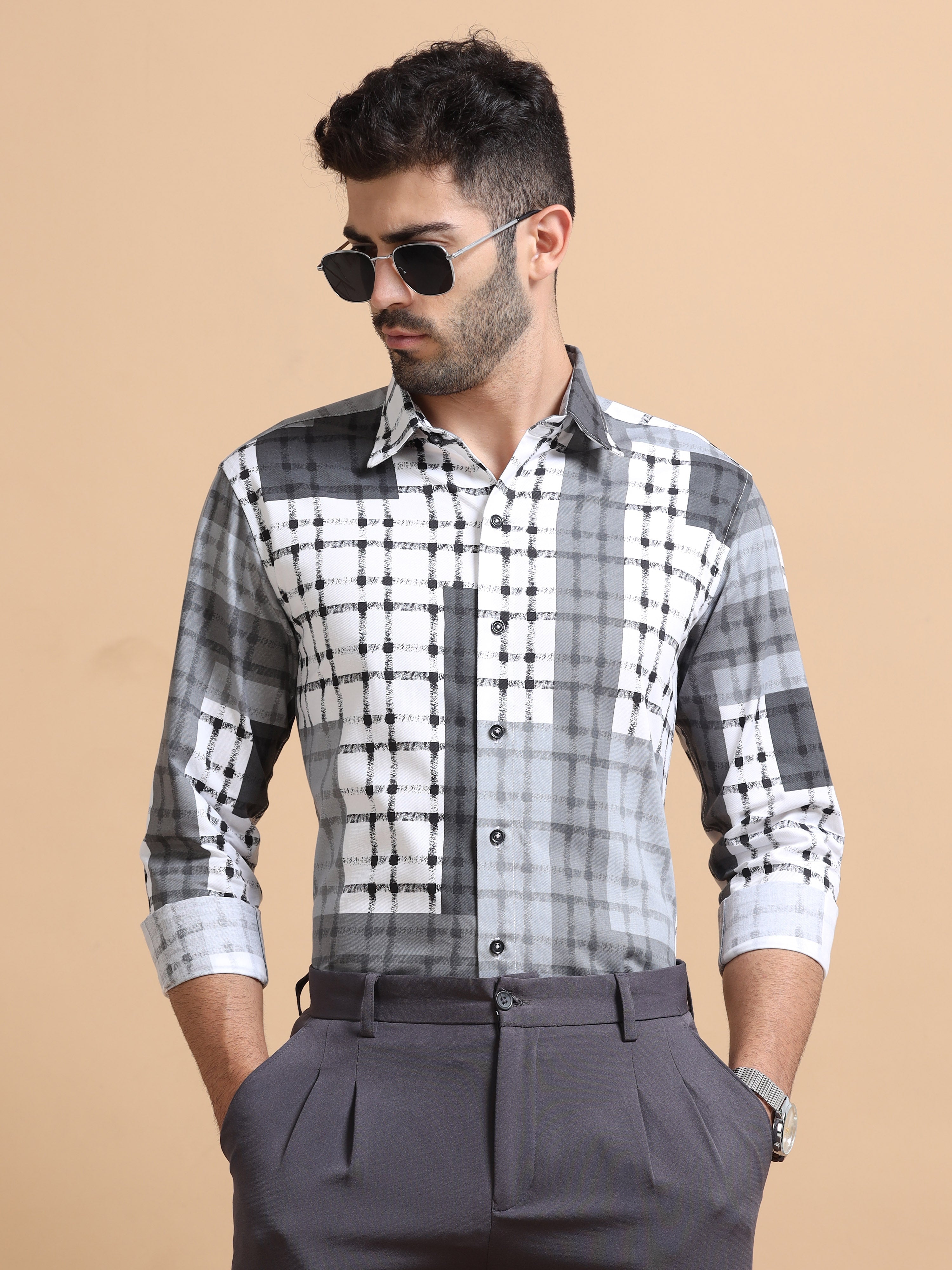Men Grey Checked Cotton Shirt