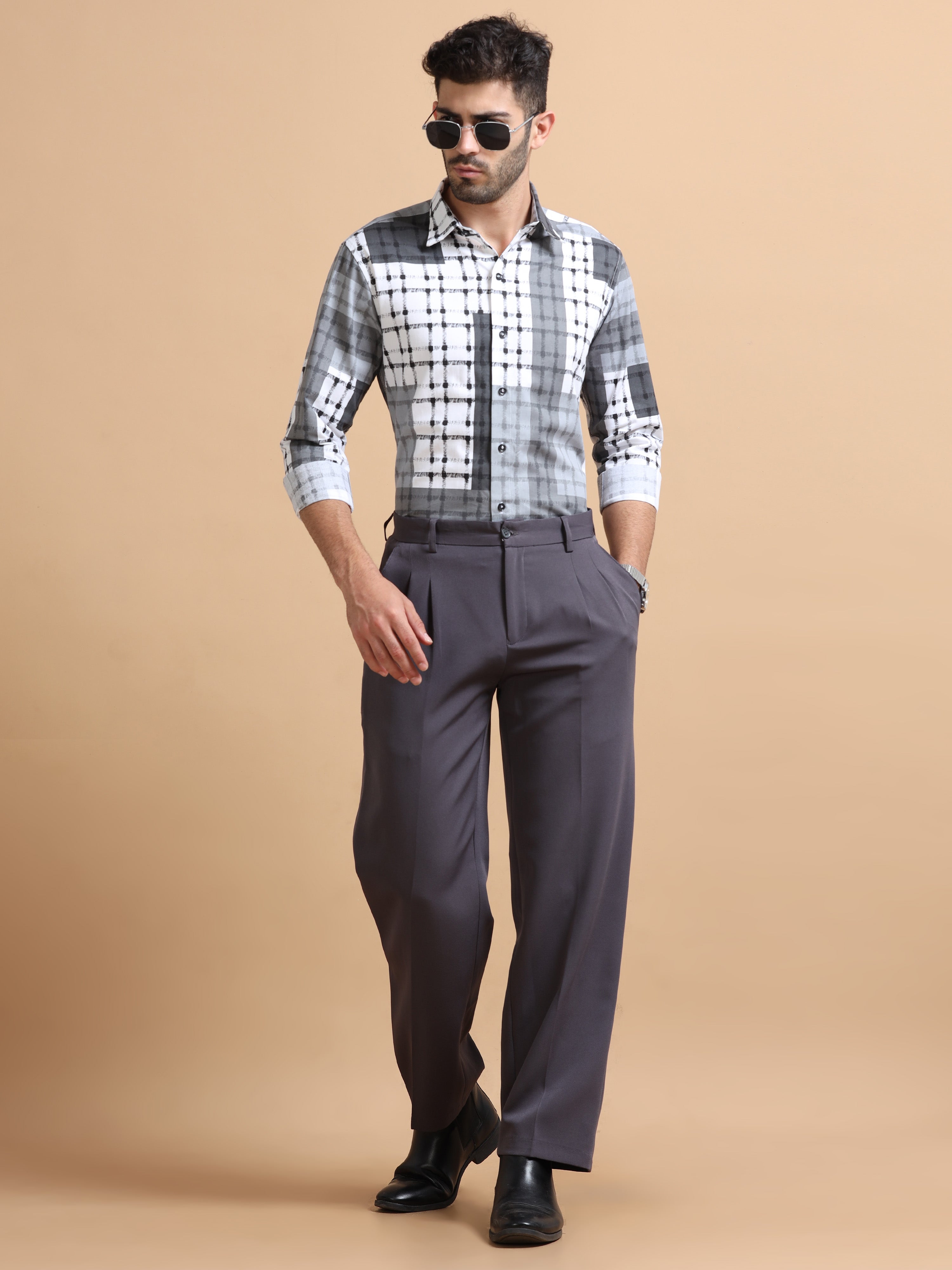 Men Grey Checked Cotton Shirt
