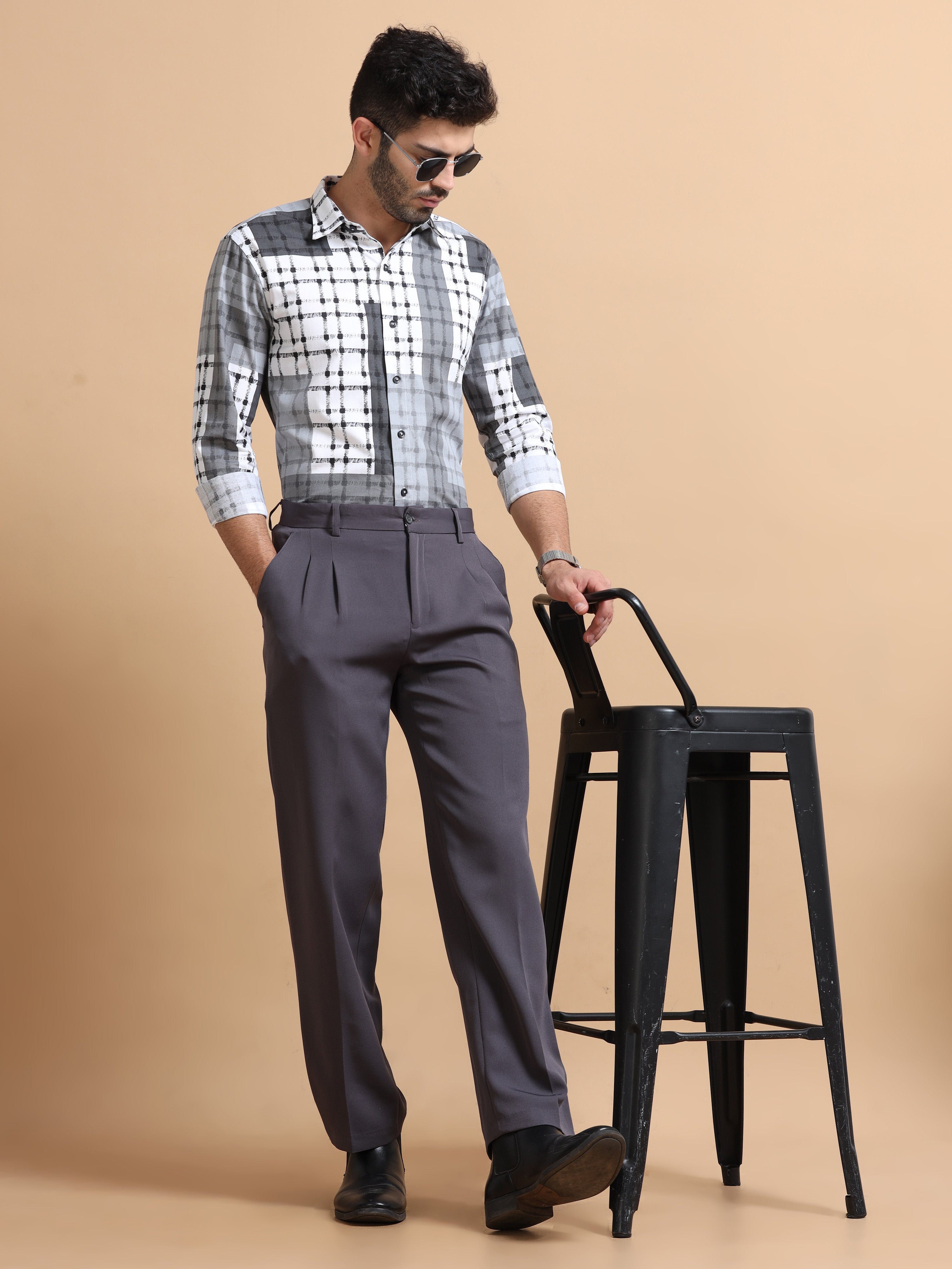 Men Grey Checked Cotton Shirt