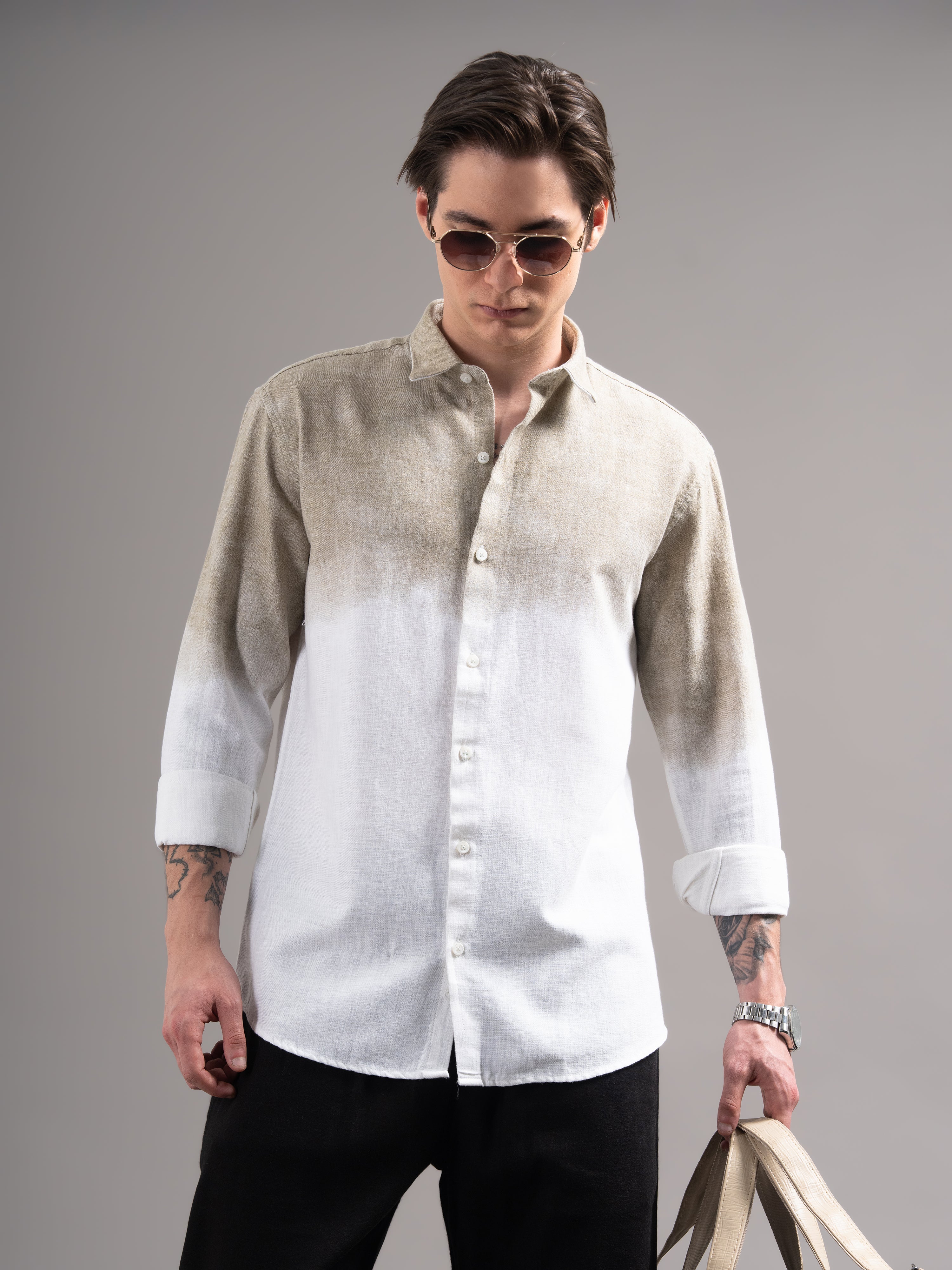 Men Beige Dyed Cotton Shirt