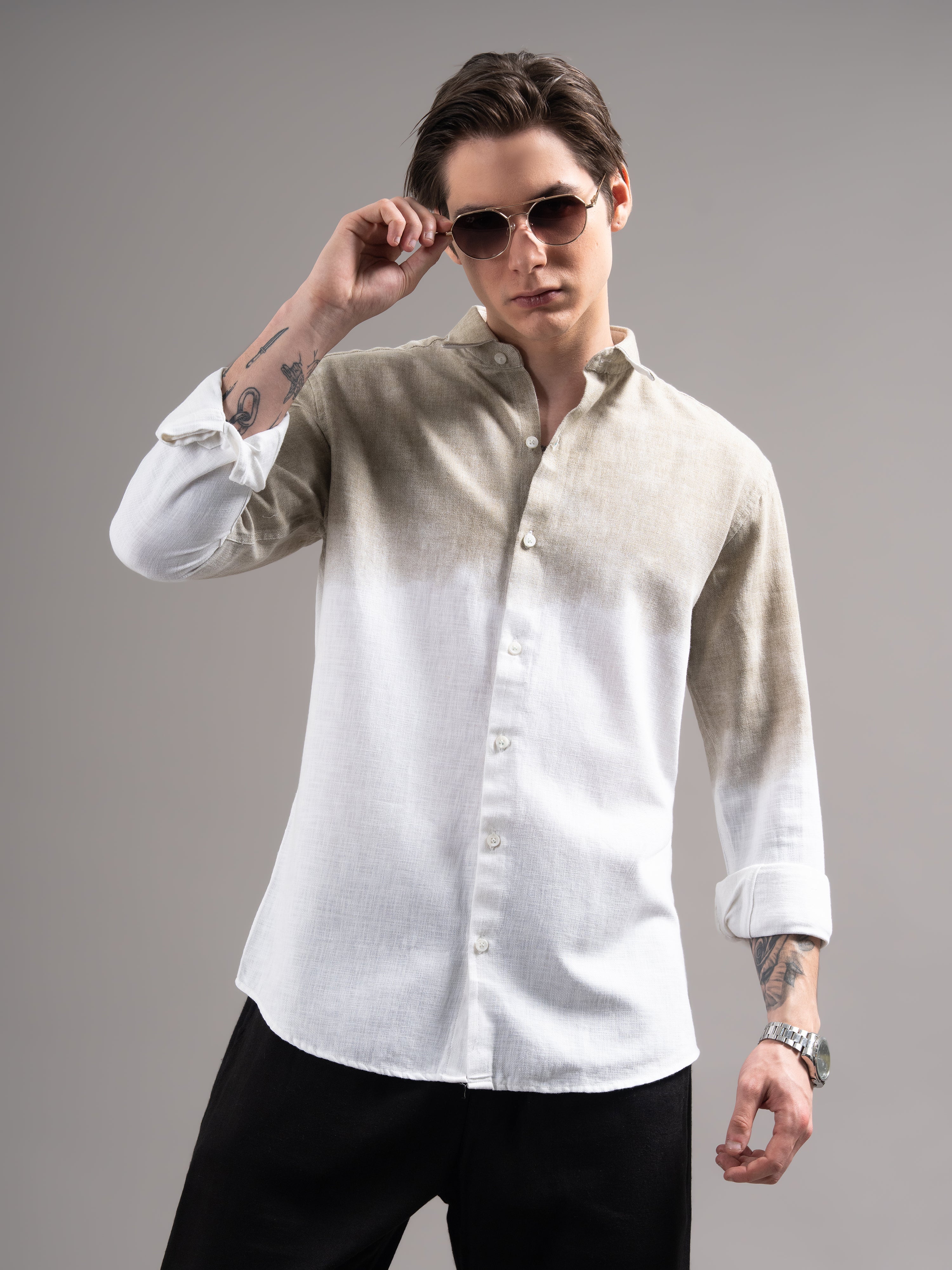 Men Beige Dyed Cotton Shirt