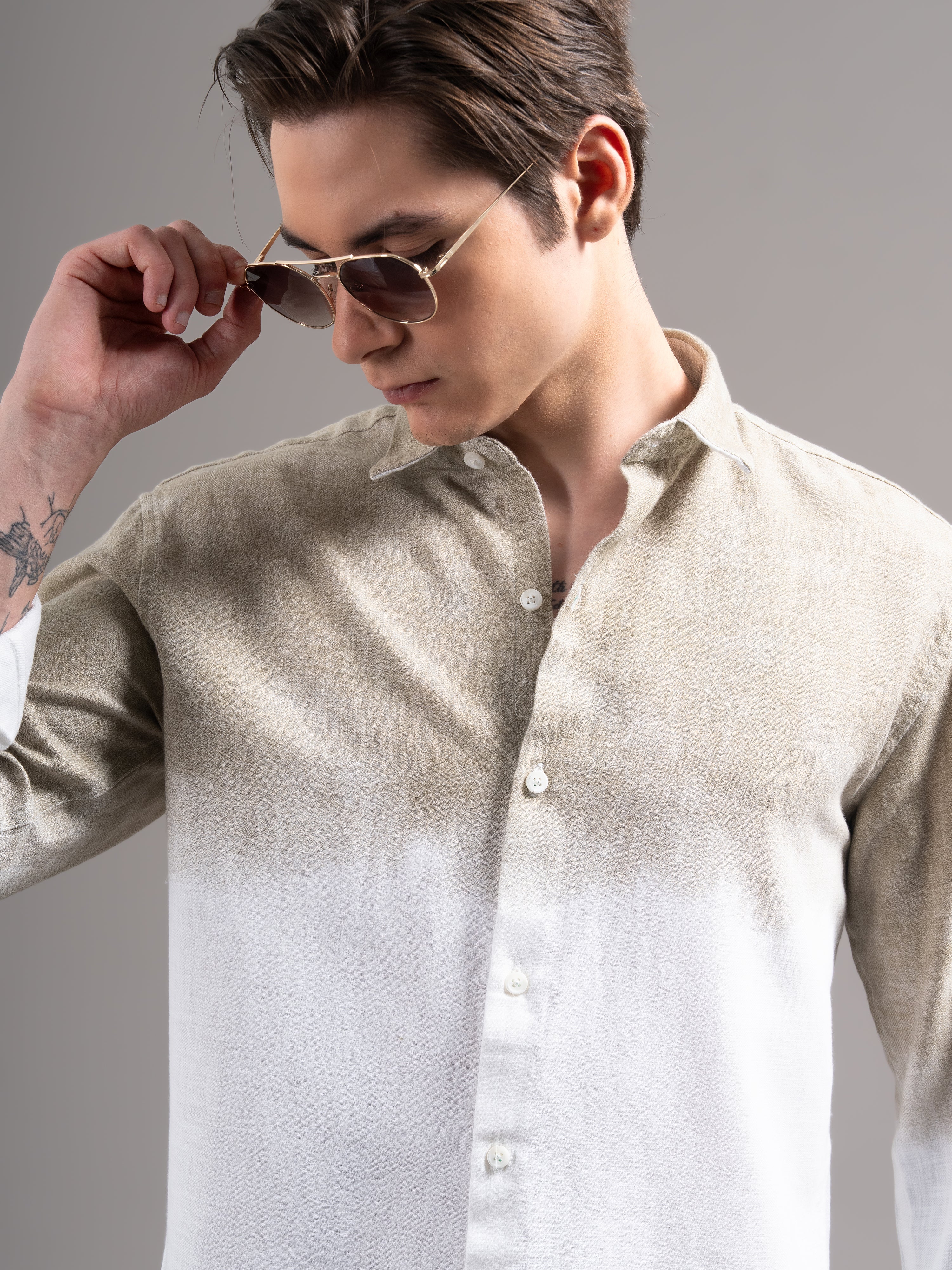 Men Beige Dyed Cotton Shirt