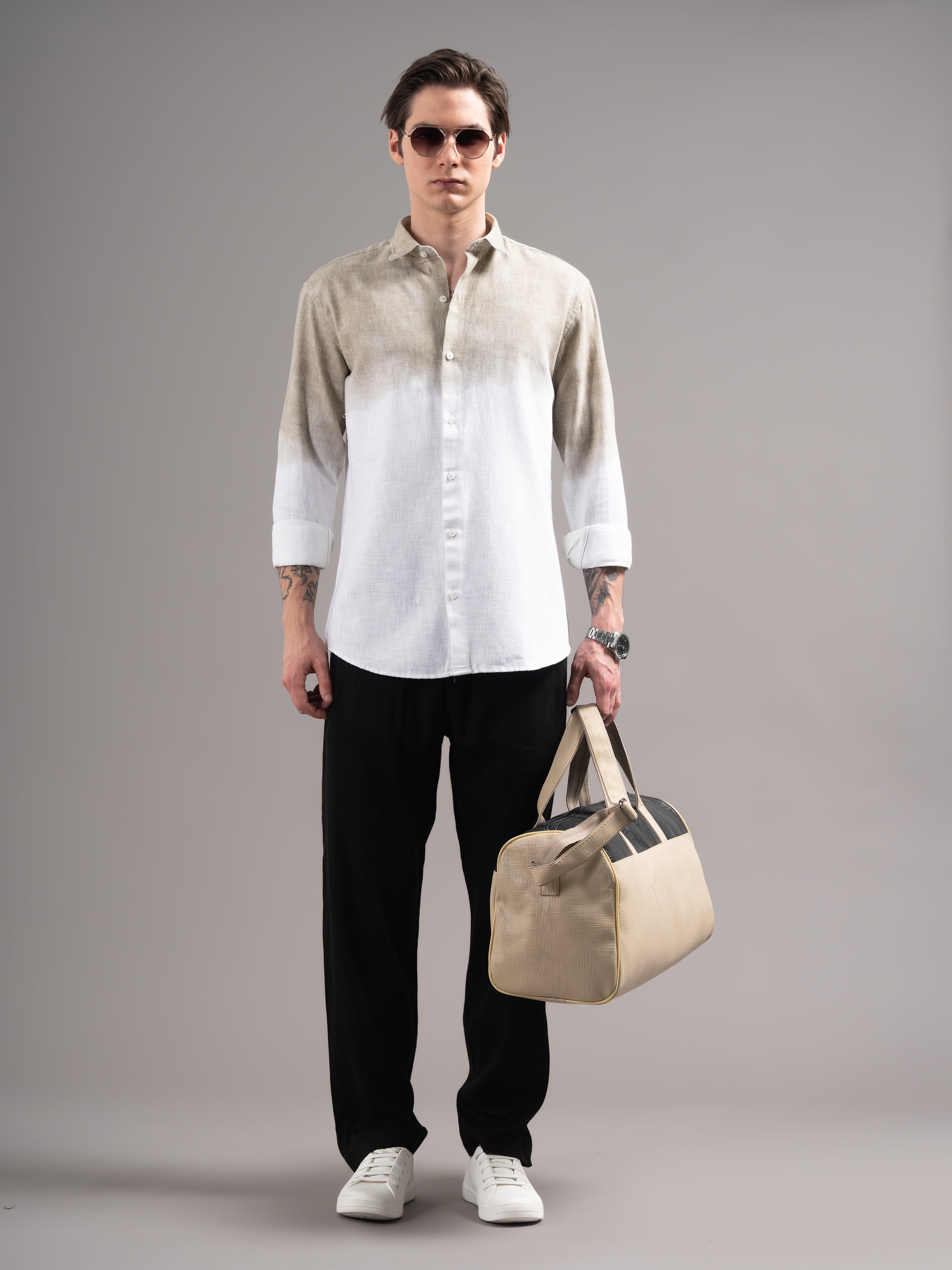 Men Beige Dyed Cotton Shirt
