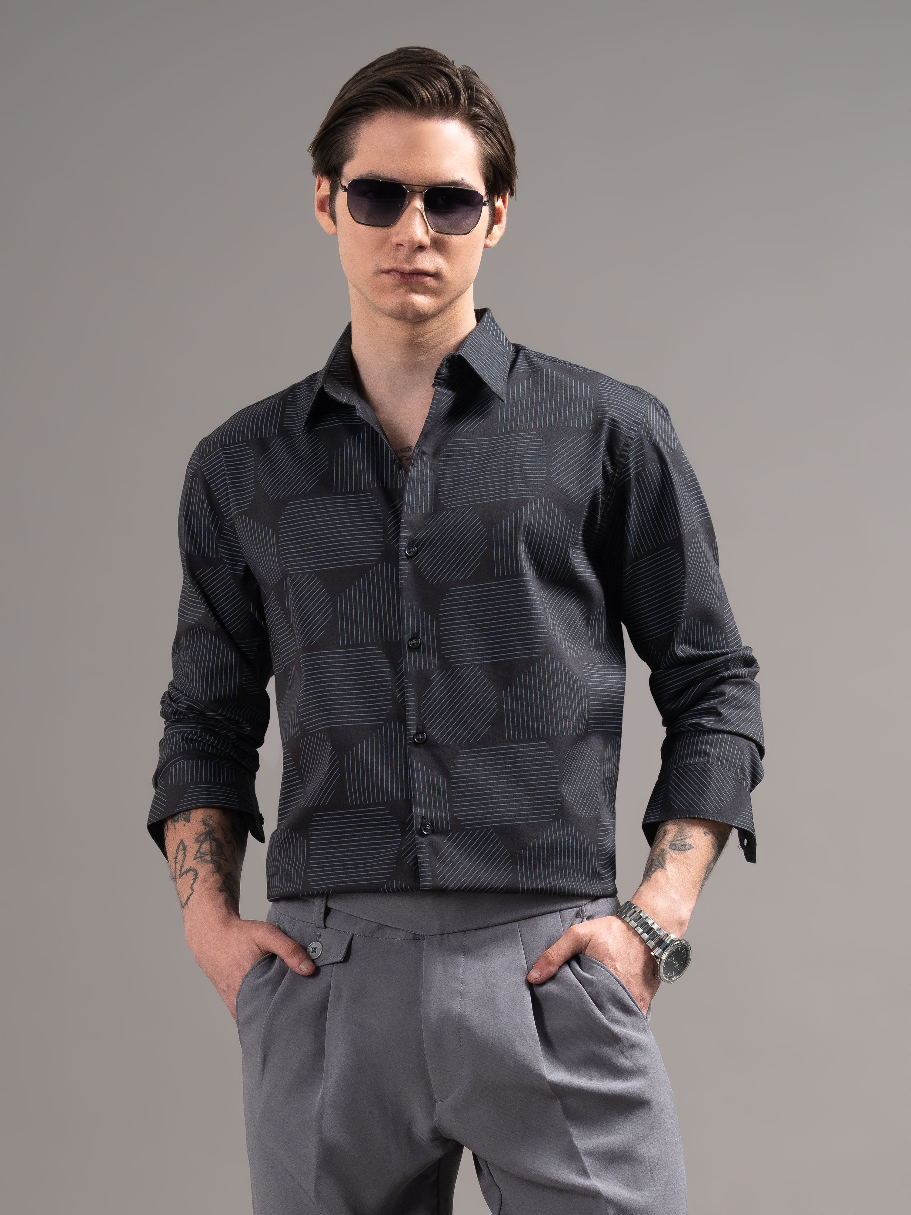 Men Black Printed Cotton Shirt