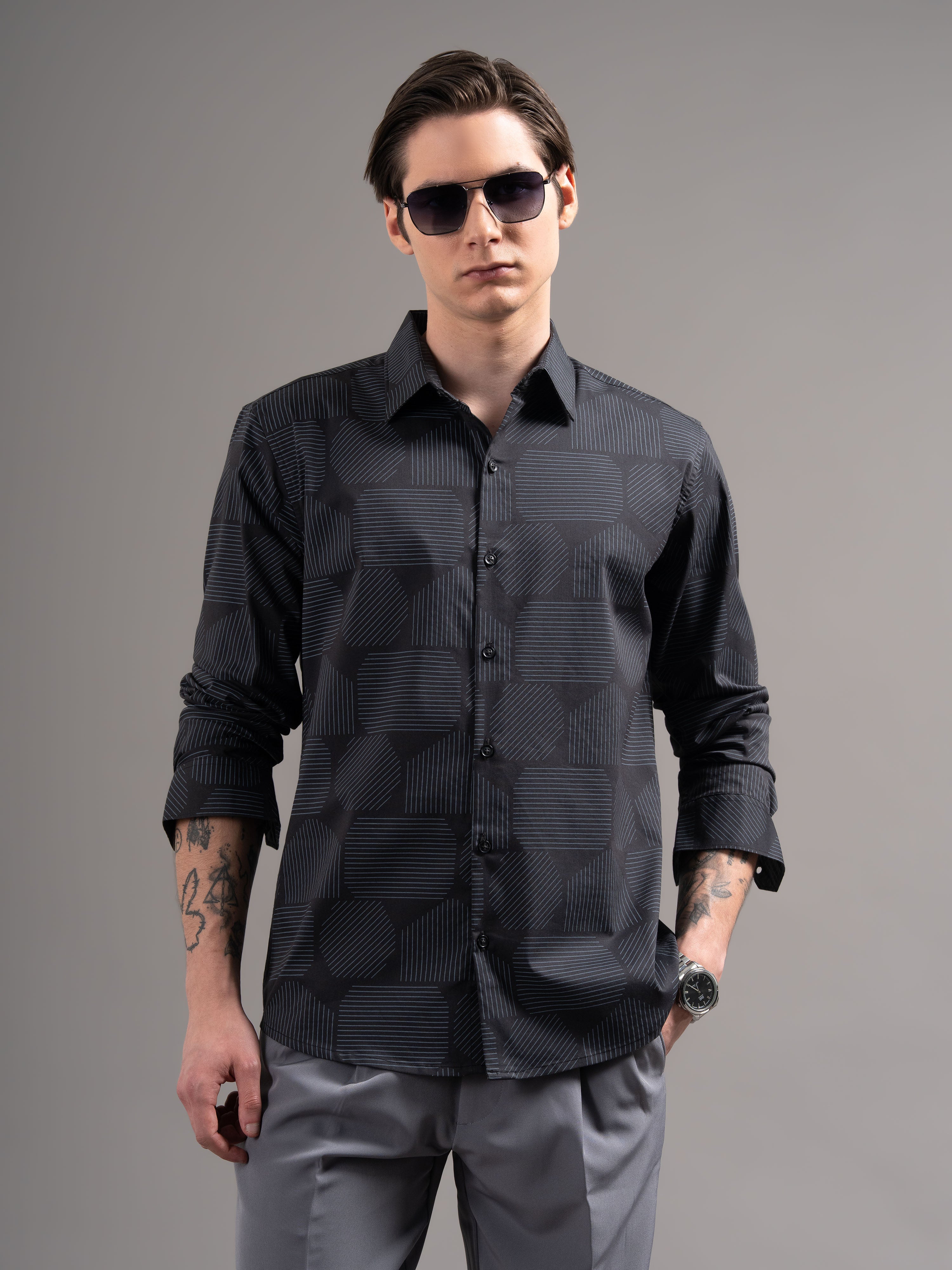 Men Black Printed Cotton Shirt