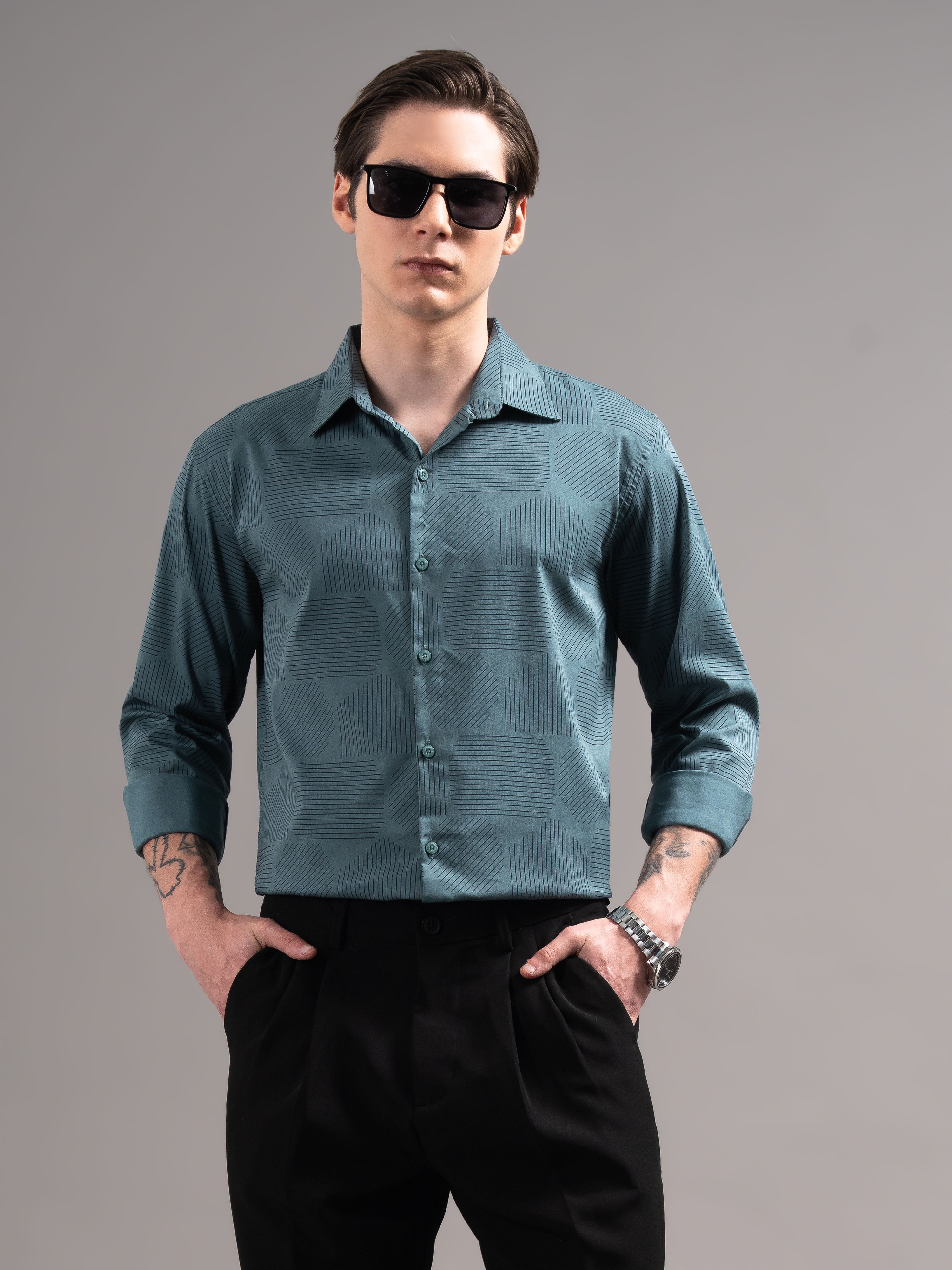 Men Teal Printed Cotton Shirt