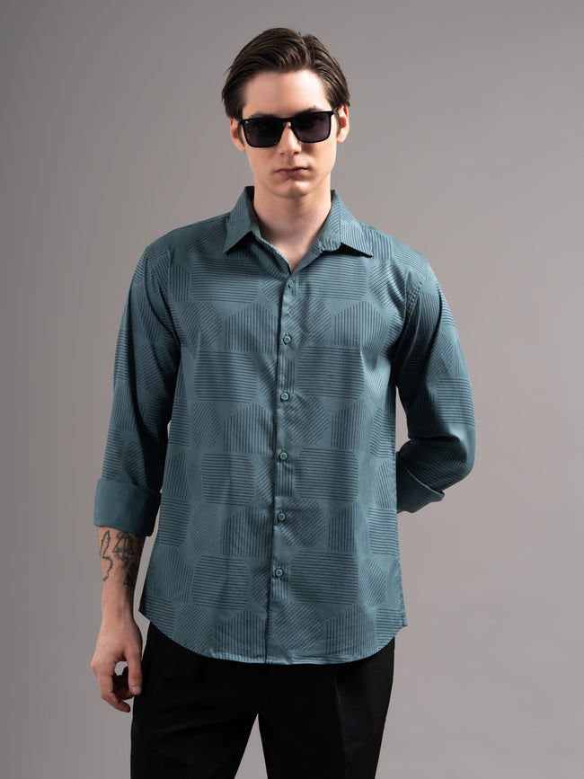 Men Teal Printed Cotton Shirt