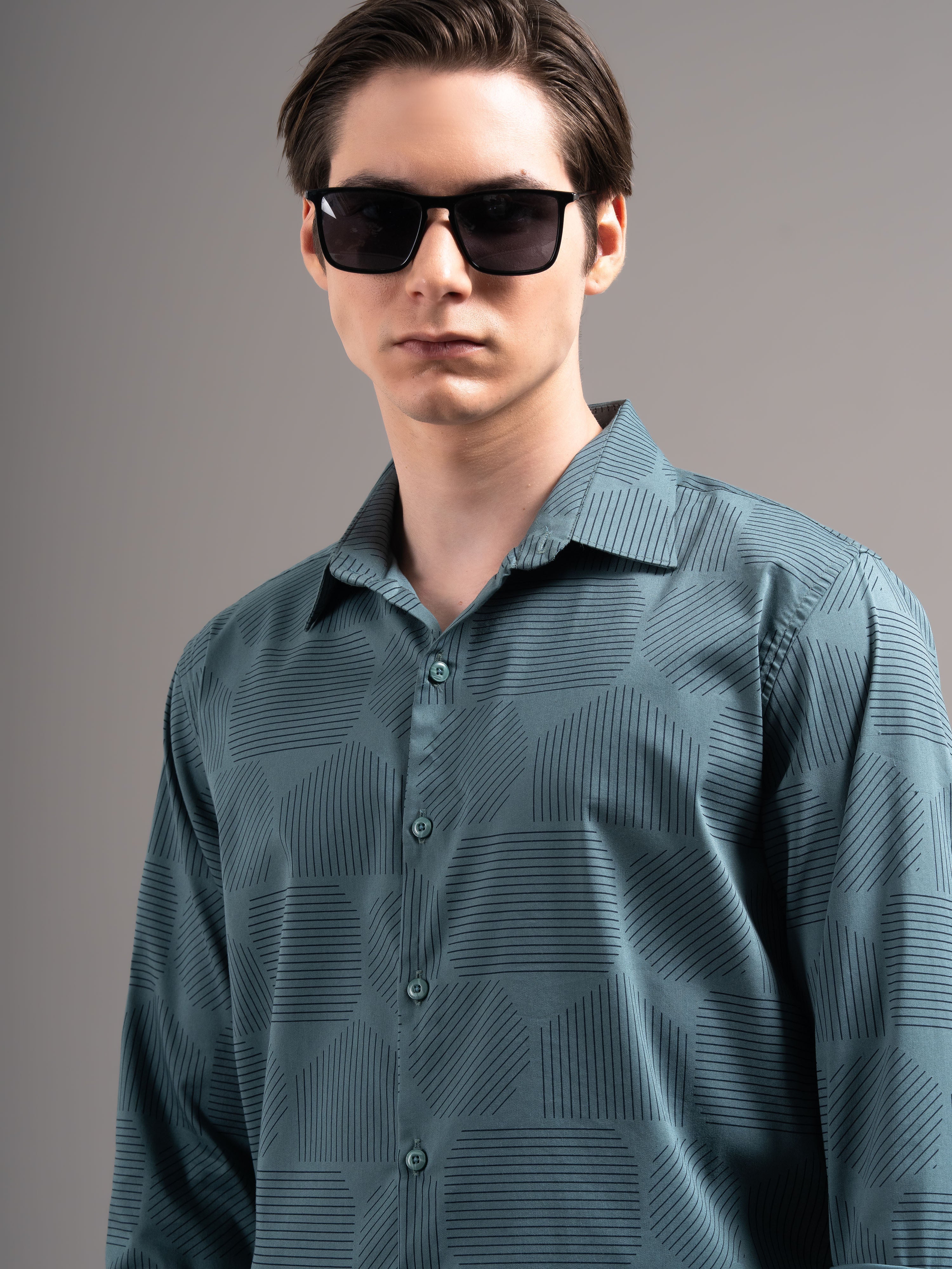 Men Teal Printed Cotton Shirt