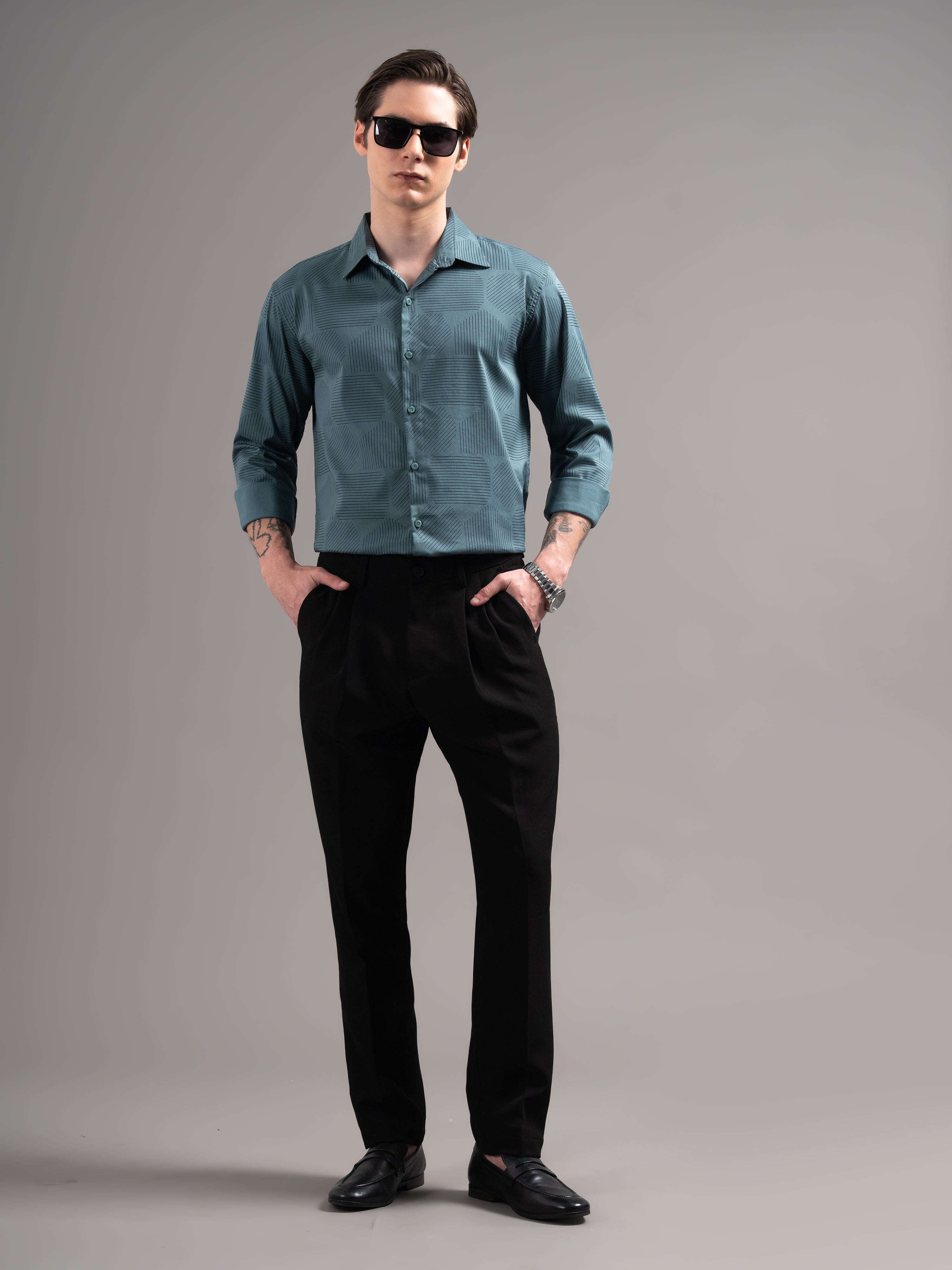 Men Teal Printed Cotton Shirt