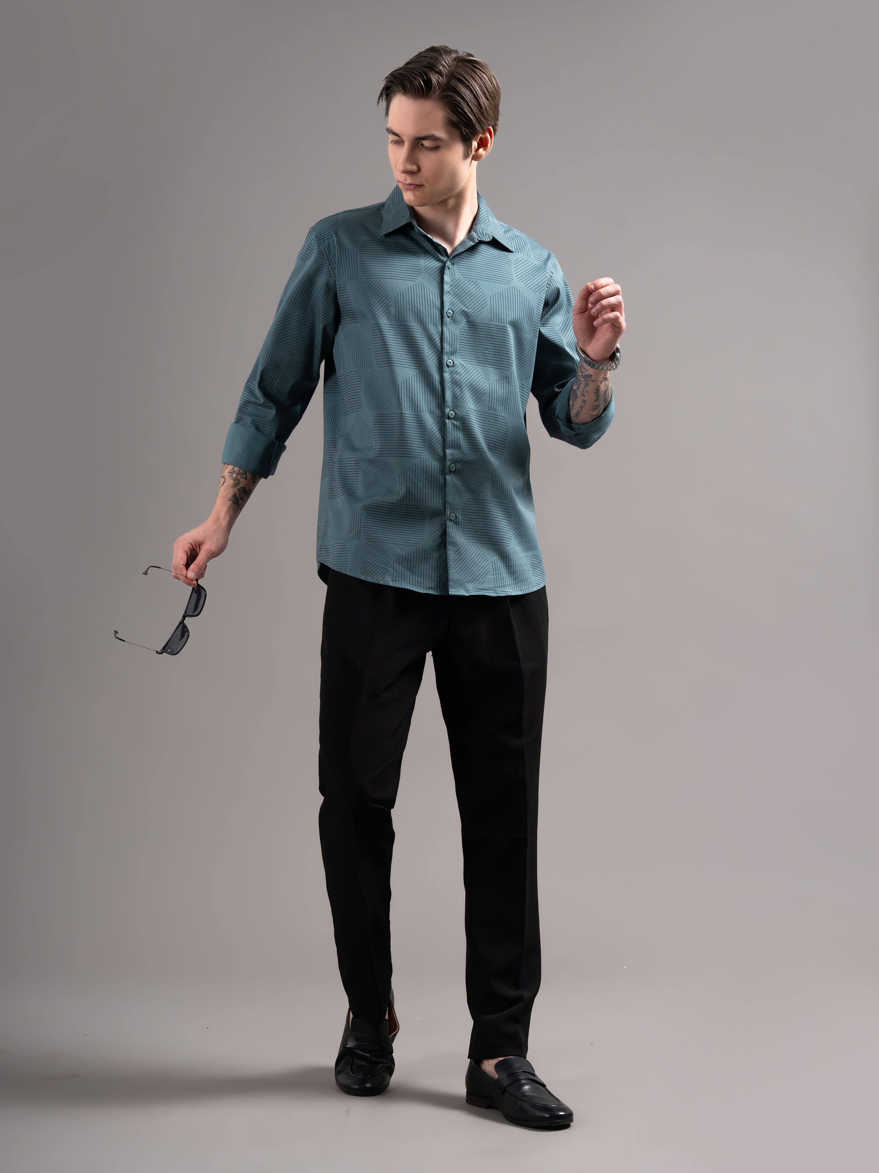 Men Teal Printed Cotton Shirt