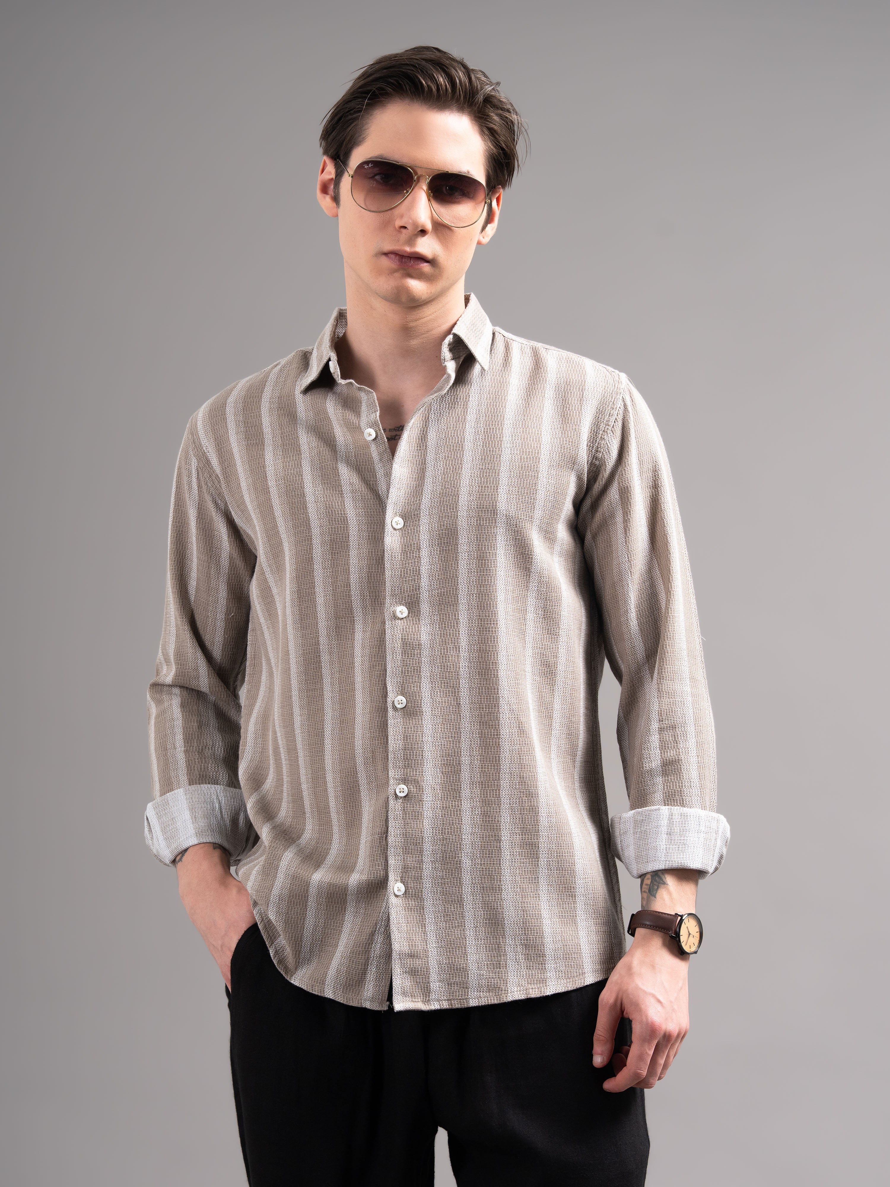 Men Brown Striped Cotton Shirt