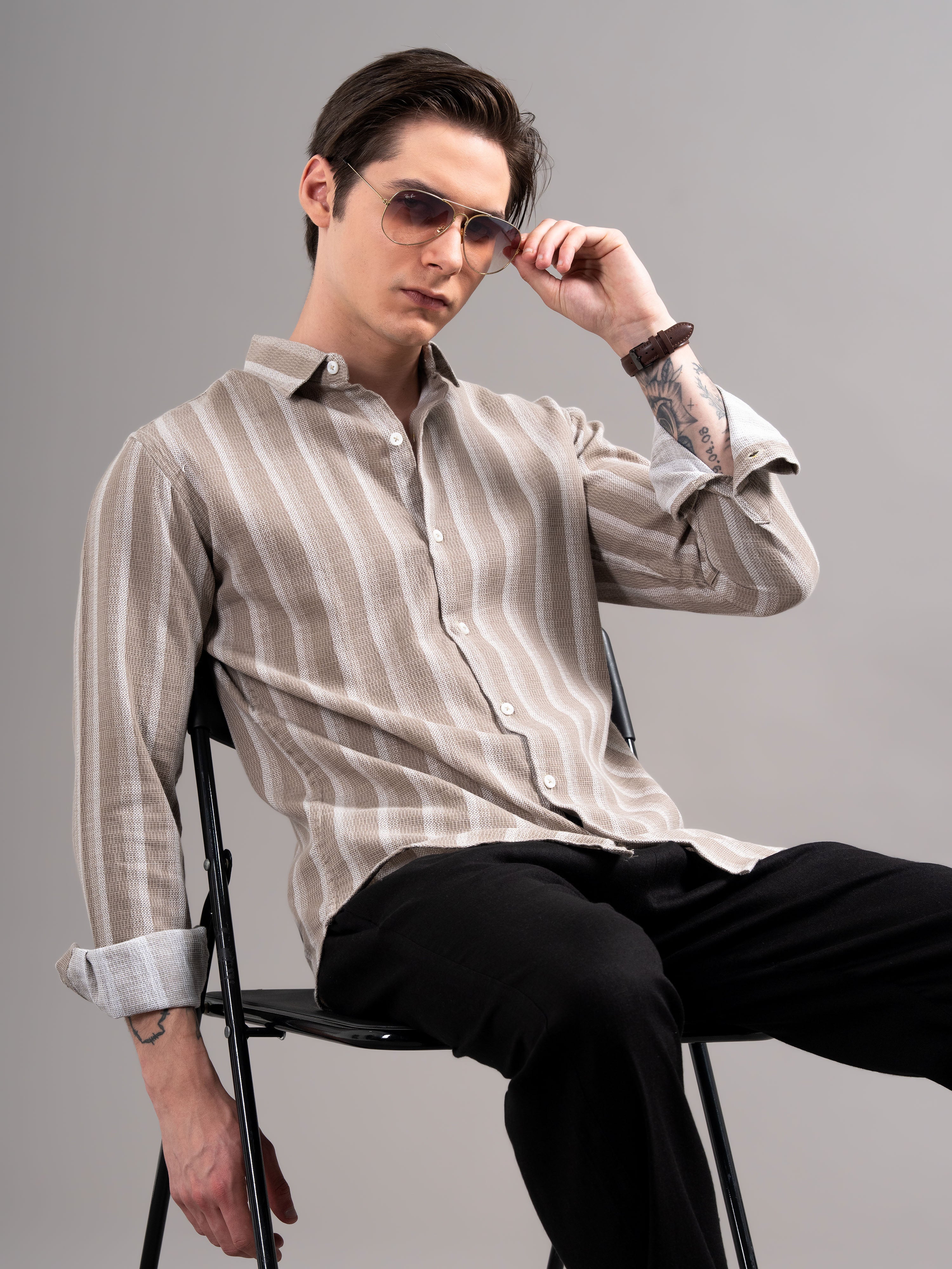 Men Brown Striped Cotton Shirt