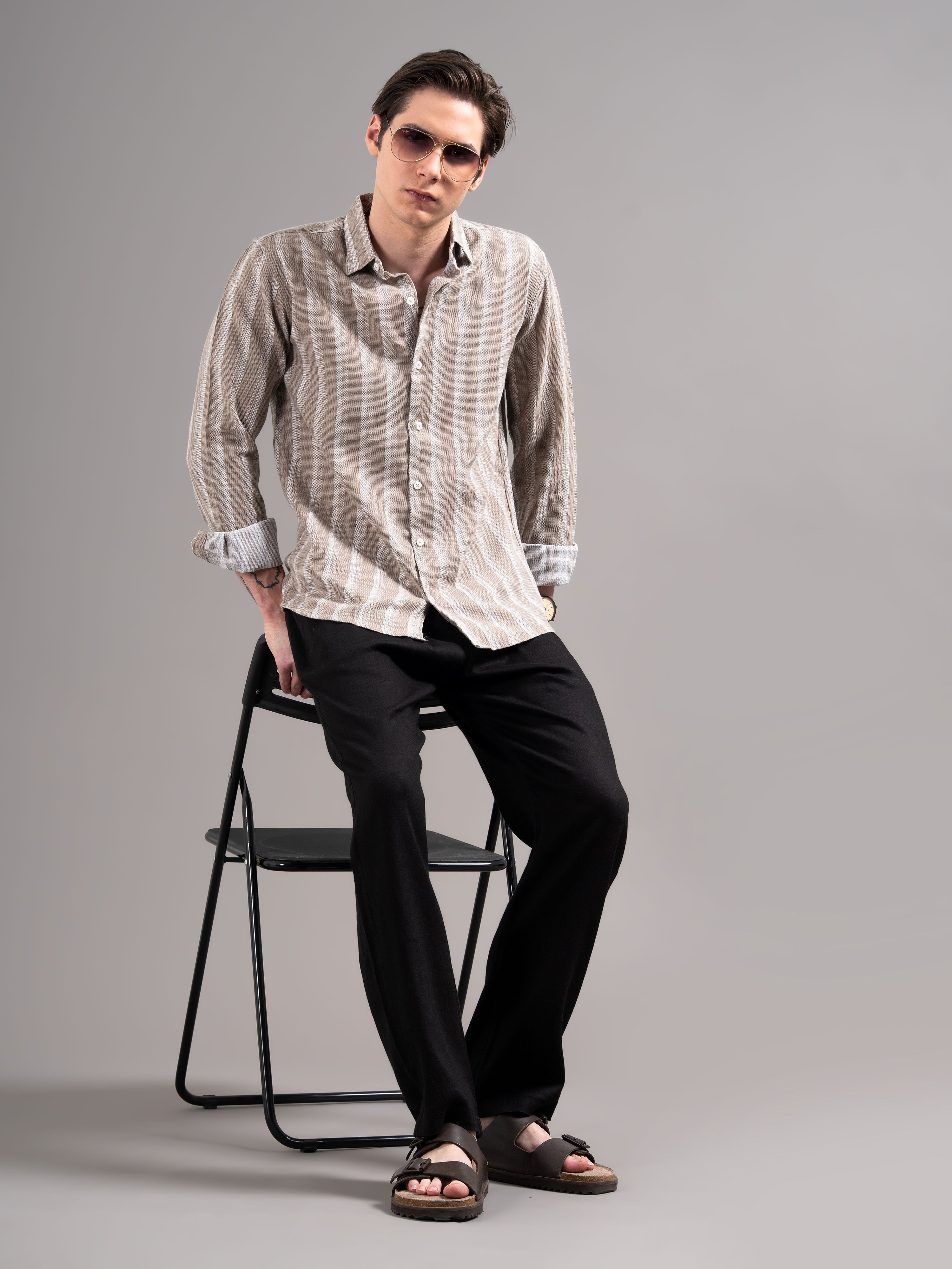 Men Brown Striped Cotton Shirt