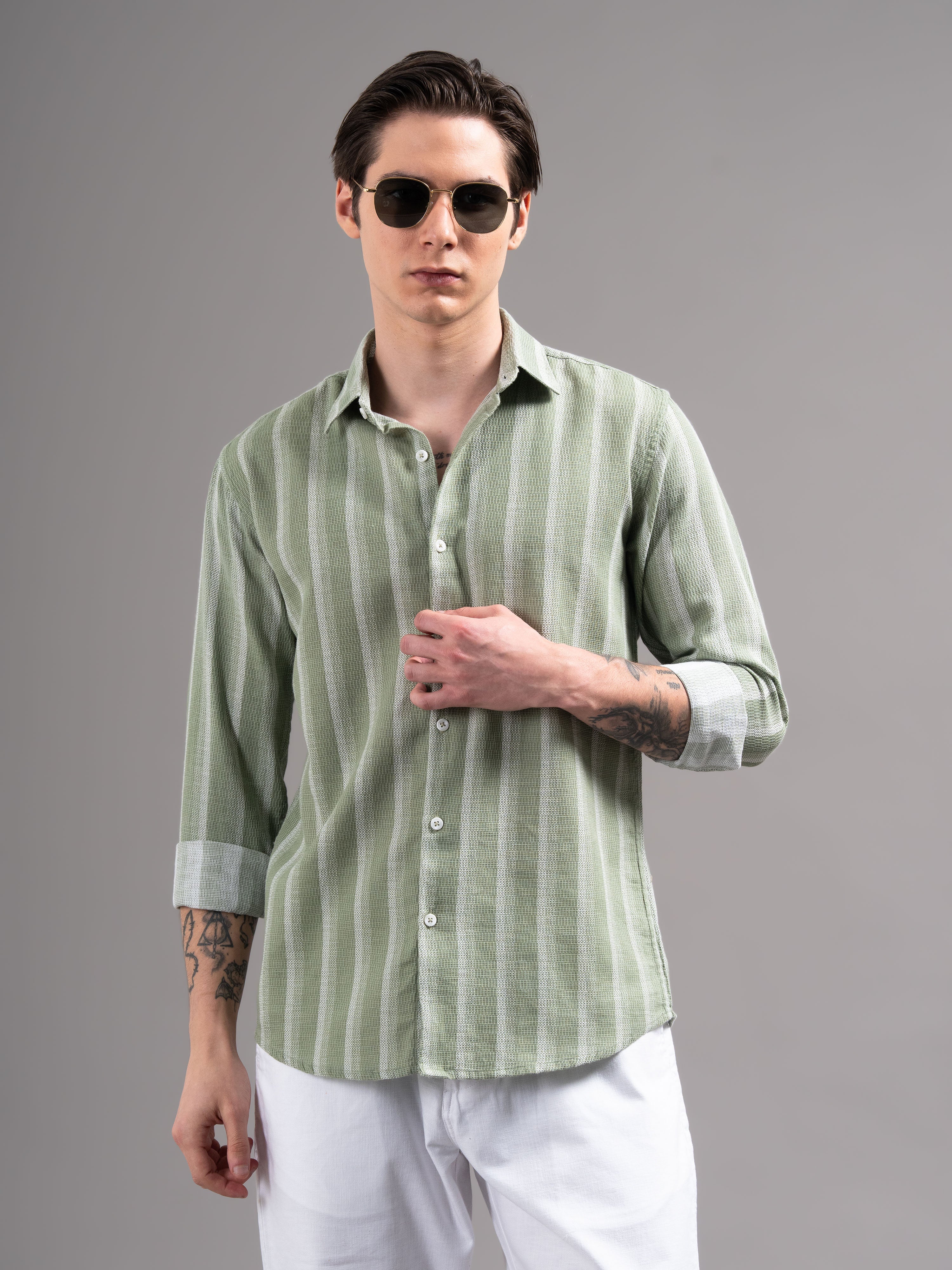 Men Green Striped Cotton Shirt