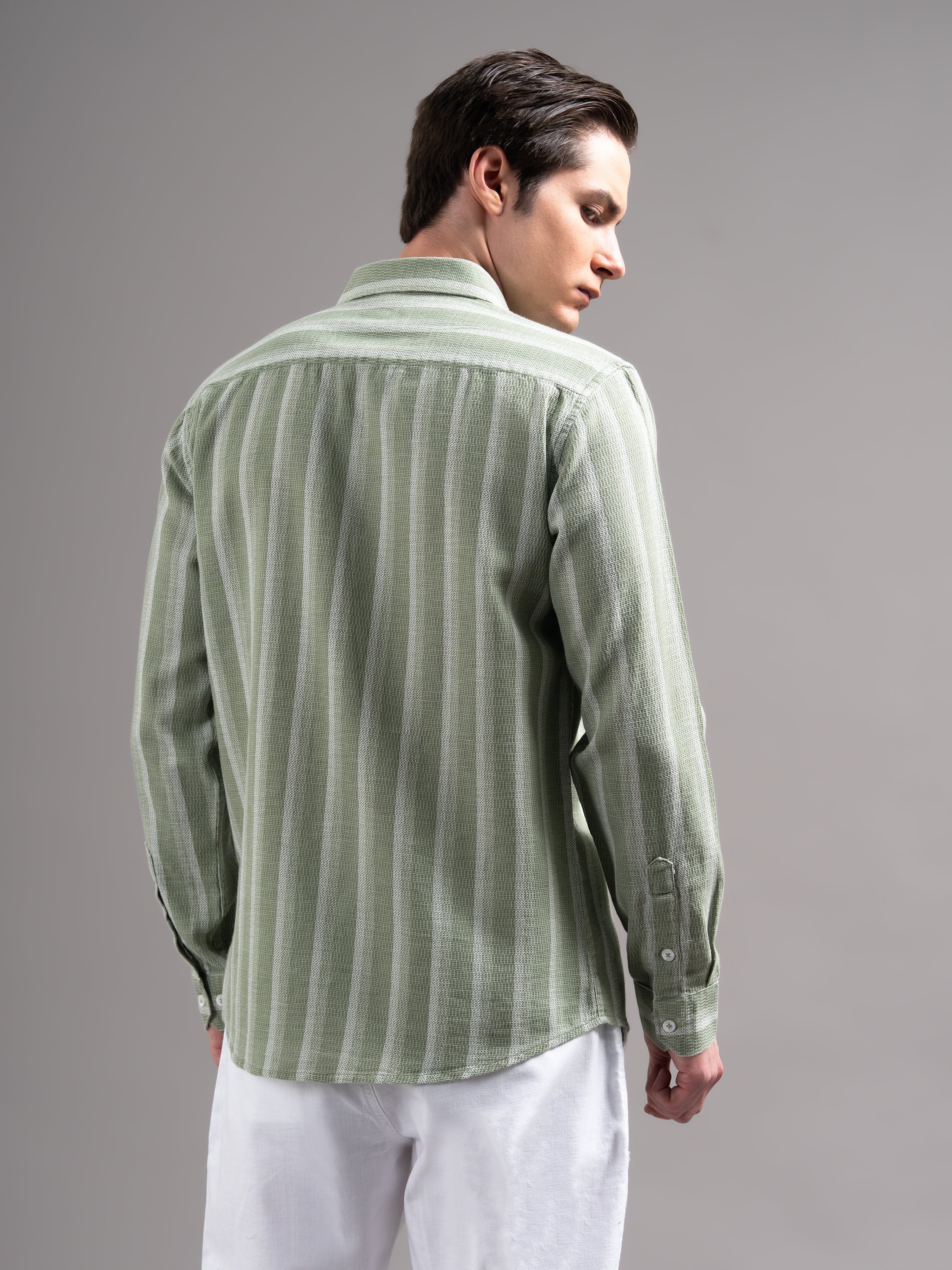 Men Green Striped Cotton Shirt