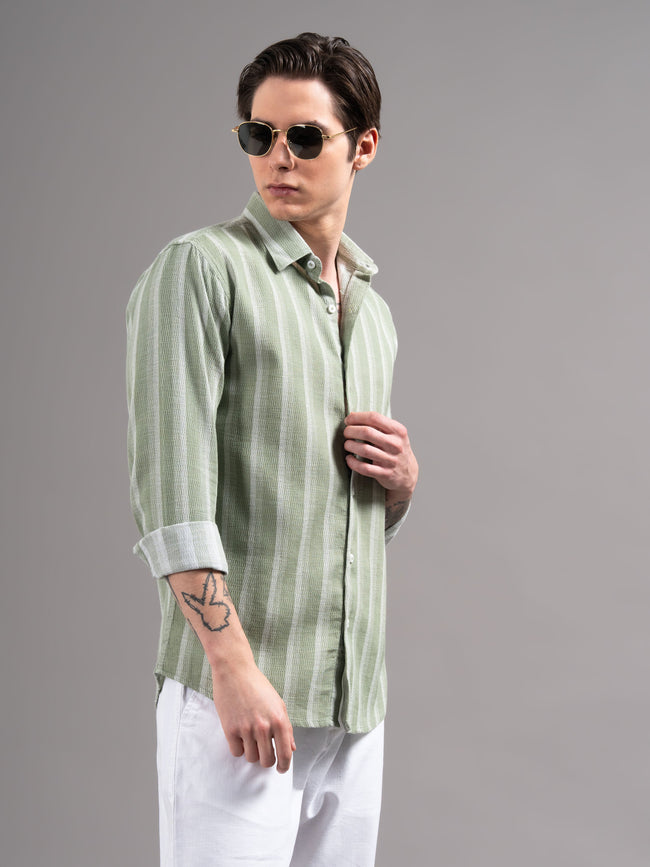 Men Green Striped Cotton Shirt
