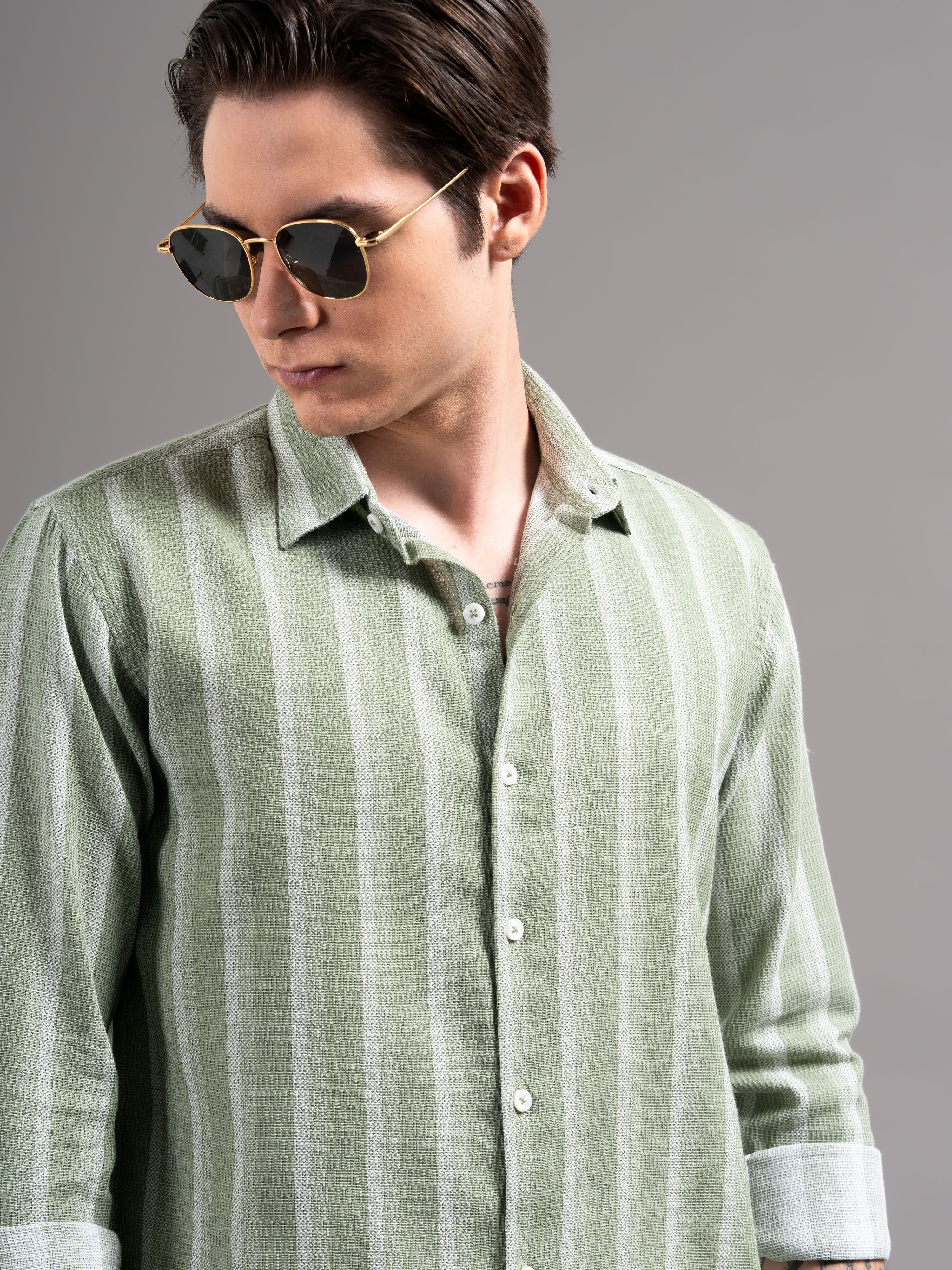 Men Green Striped Cotton Shirt