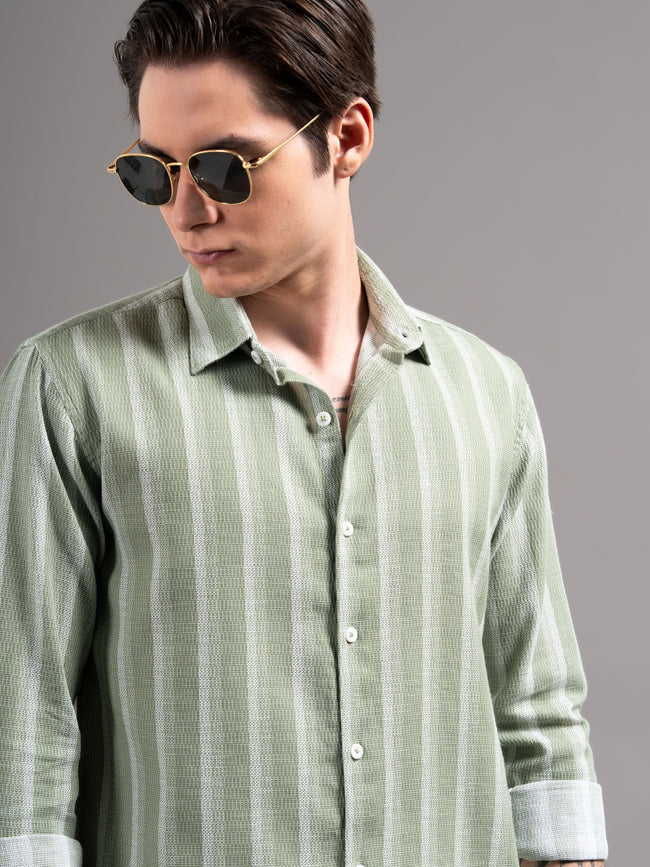 Men Green Striped Cotton Shirt