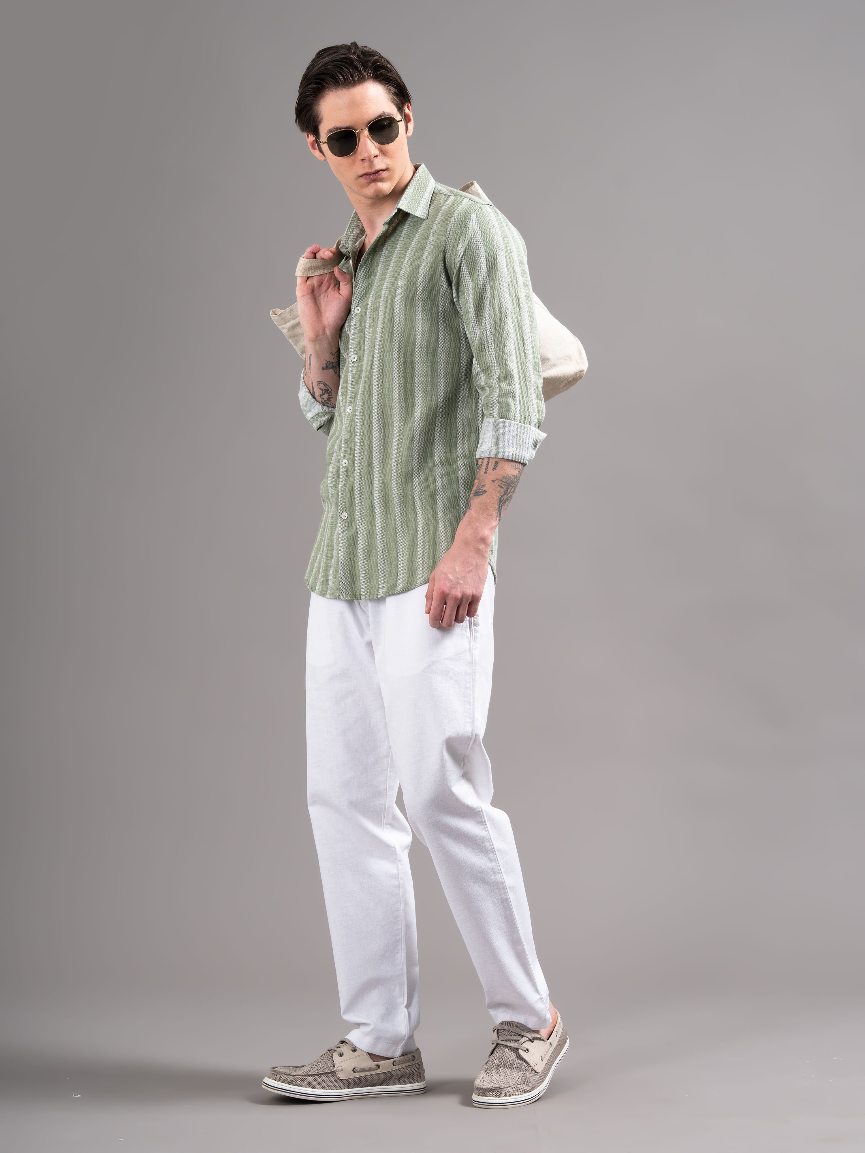 Men Green Striped Cotton Shirt