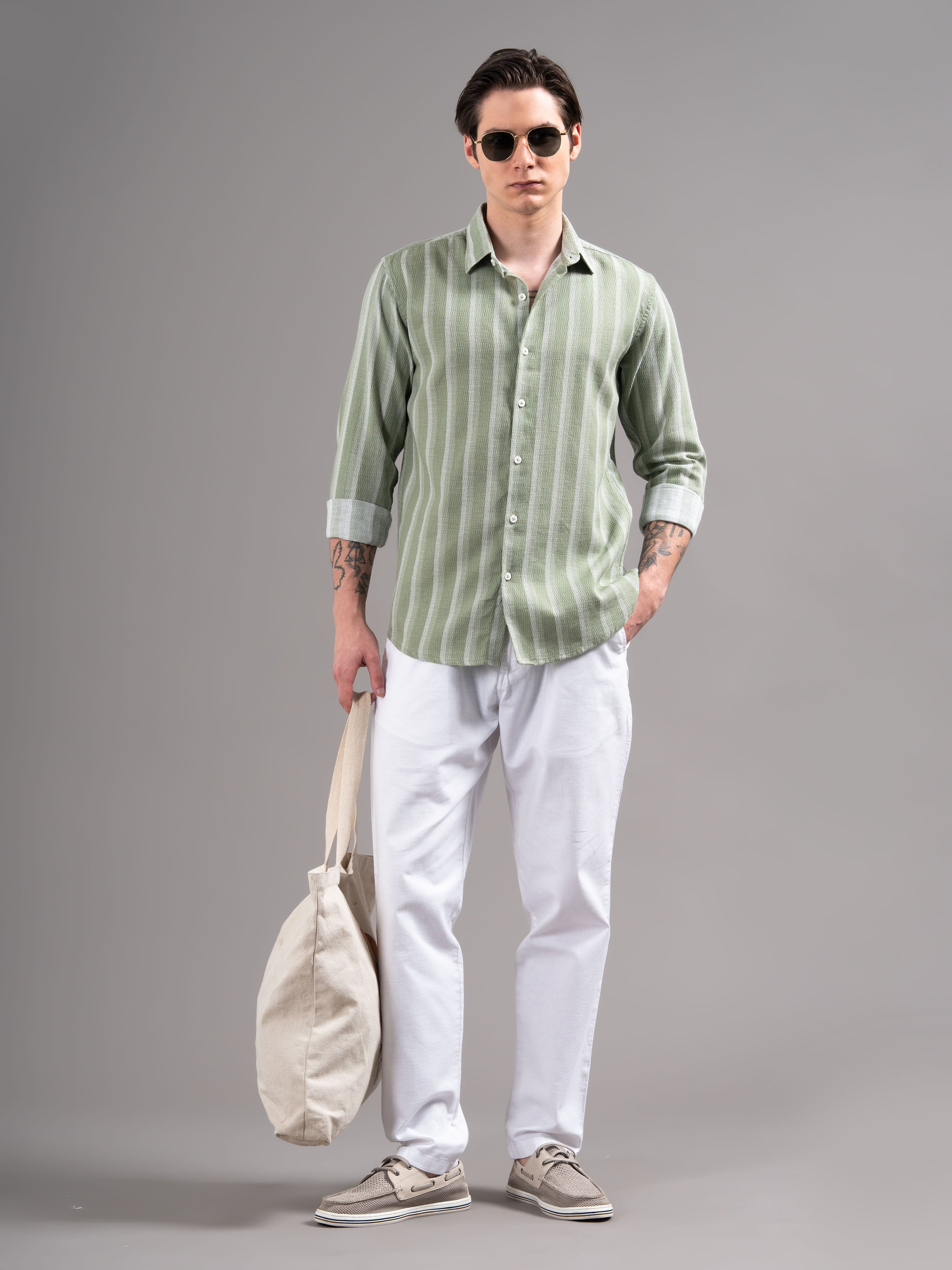 Men Green Striped Cotton Shirt