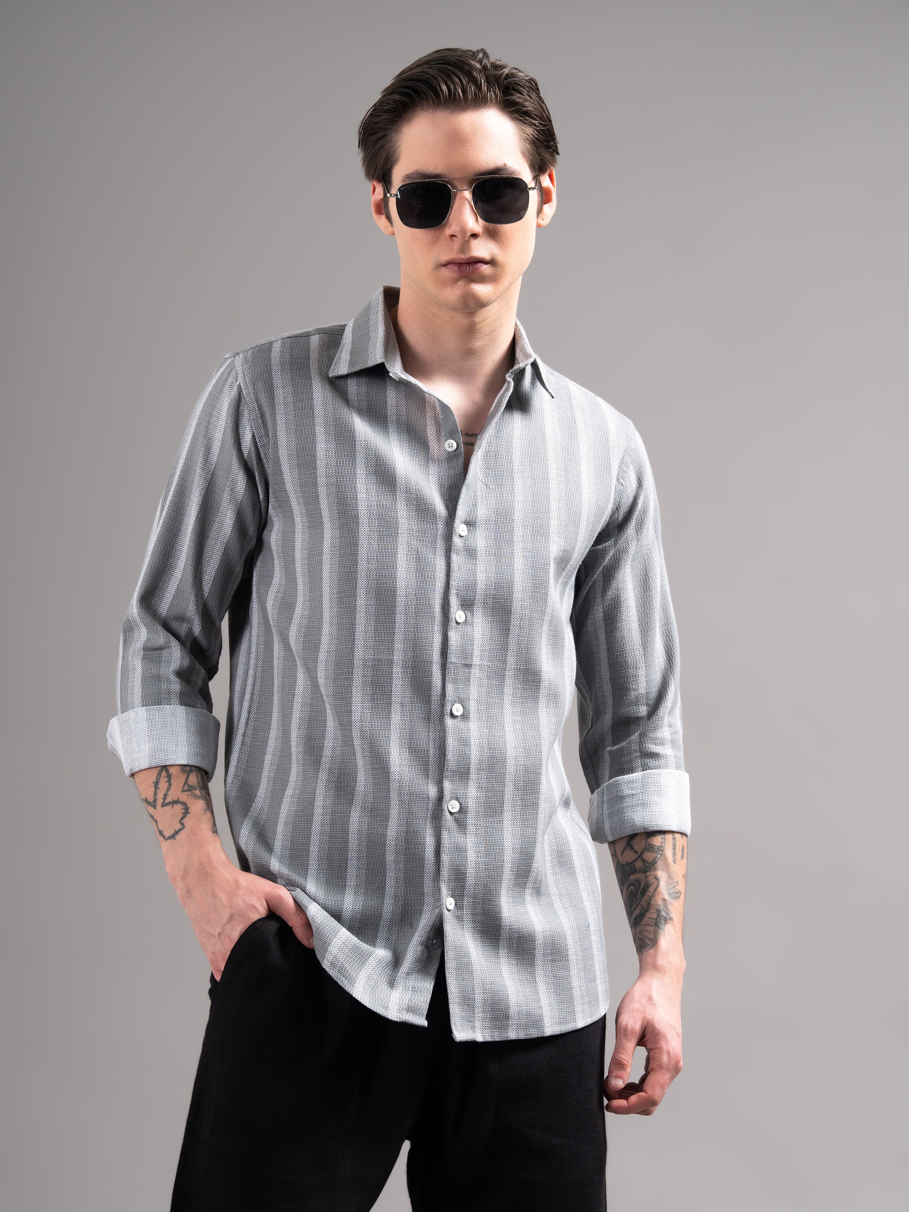 Men Grey Striped Cotton Shirt
