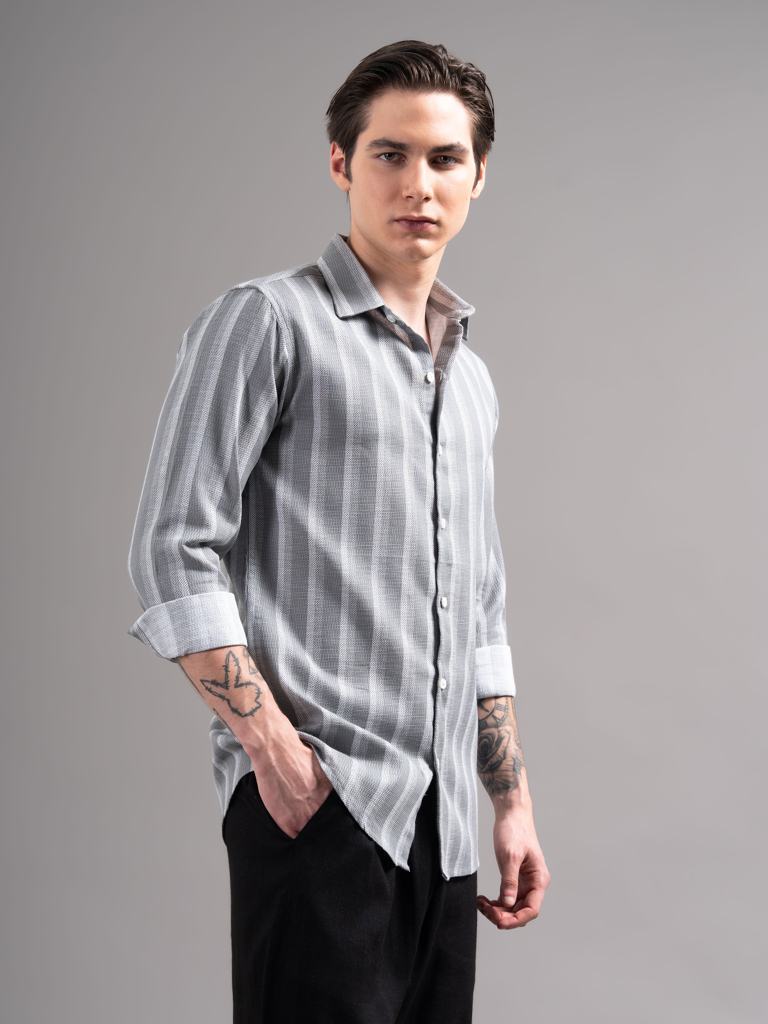 Men Grey Striped Cotton Shirt