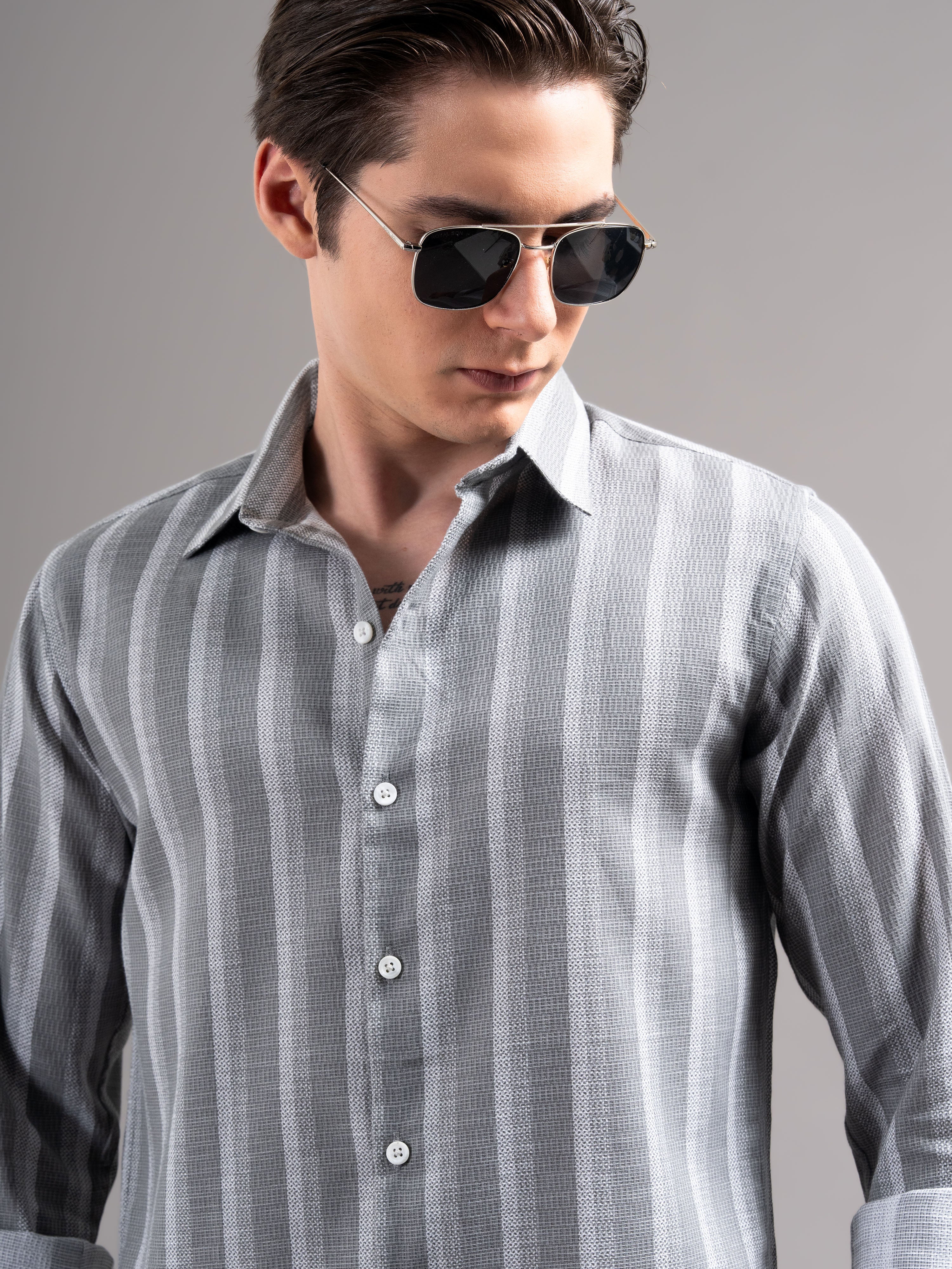 Men Grey Striped Cotton Shirt