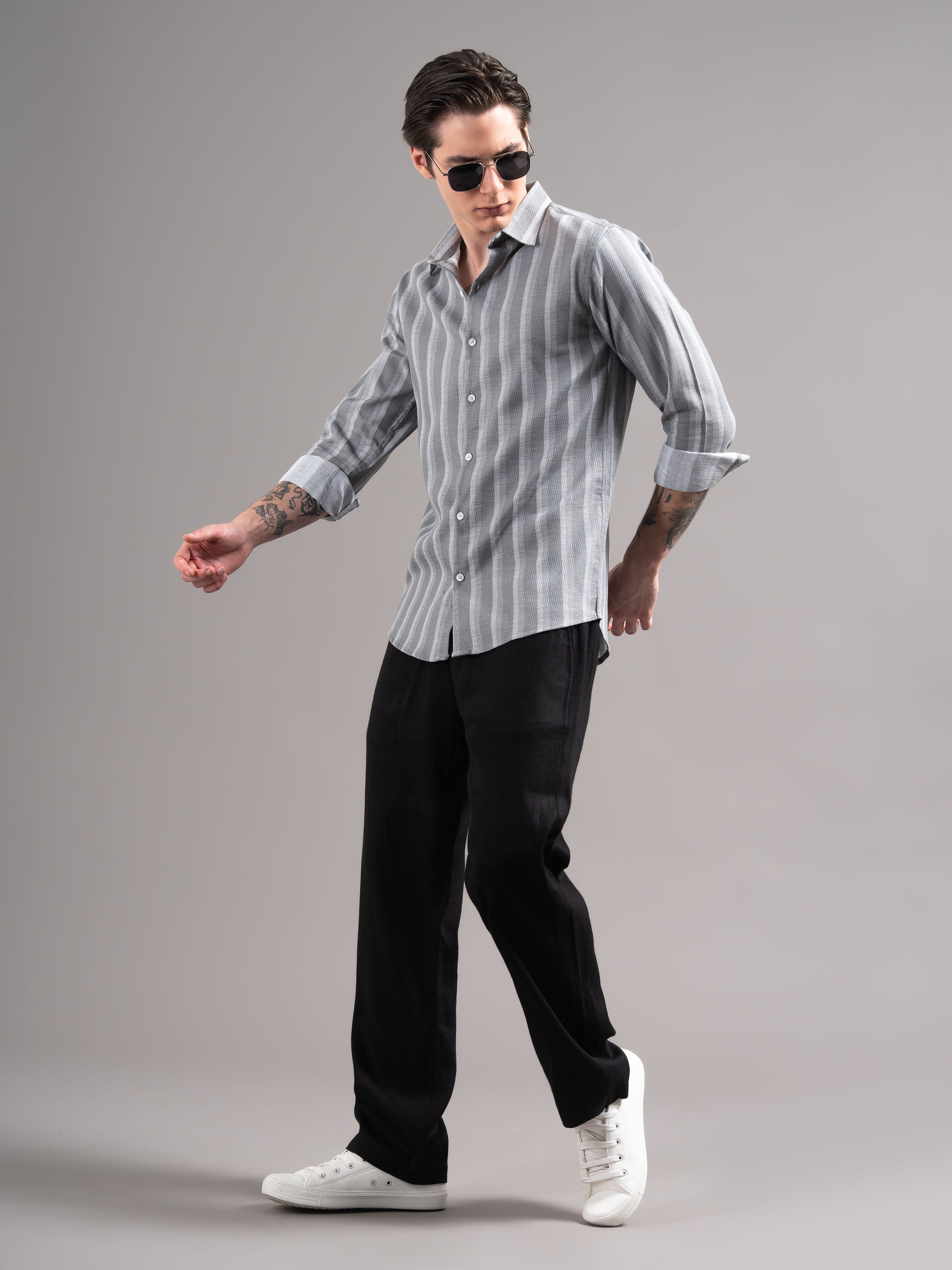 Men Grey Striped Cotton Shirt