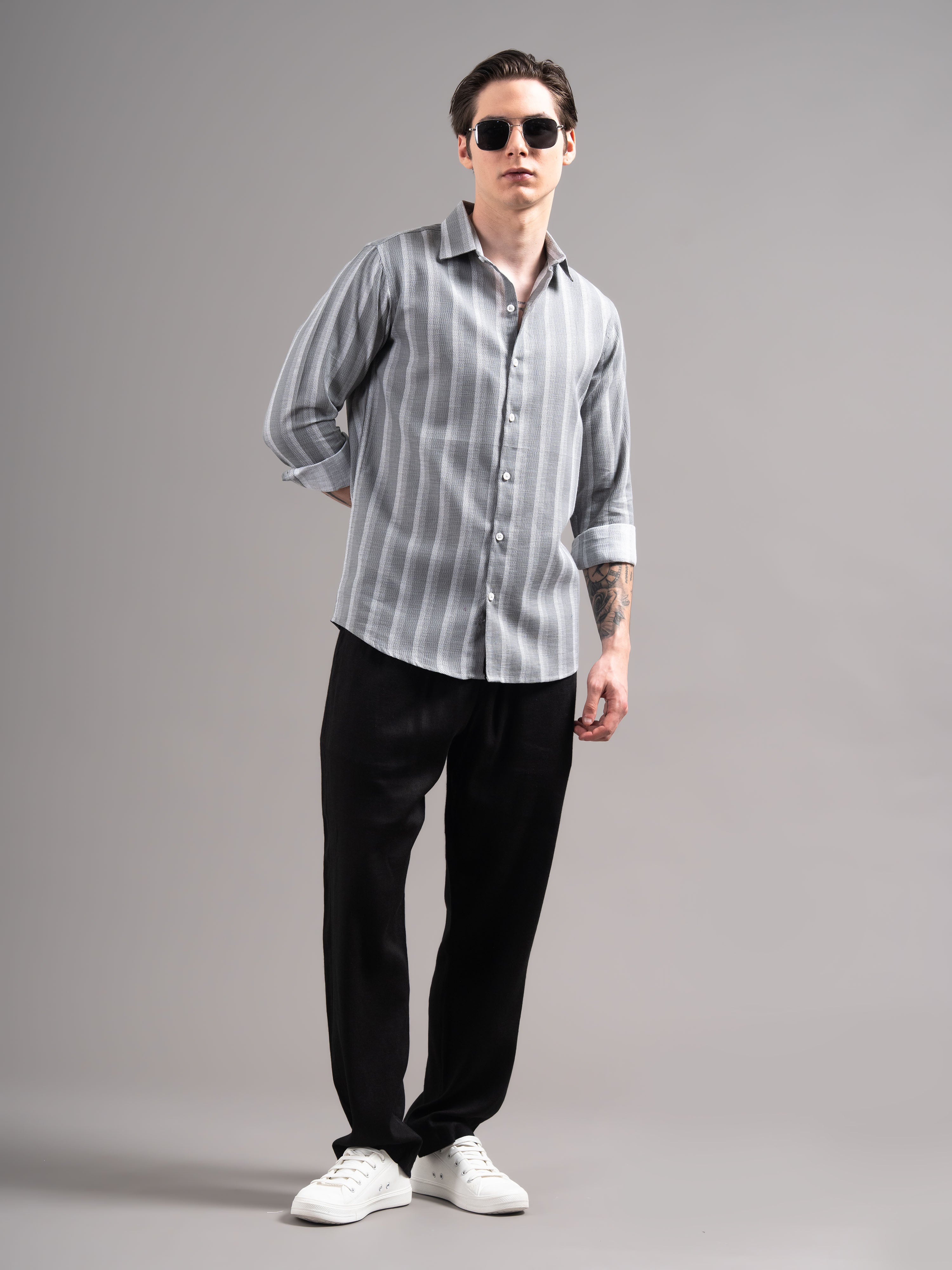 Men Grey Striped Cotton Shirt