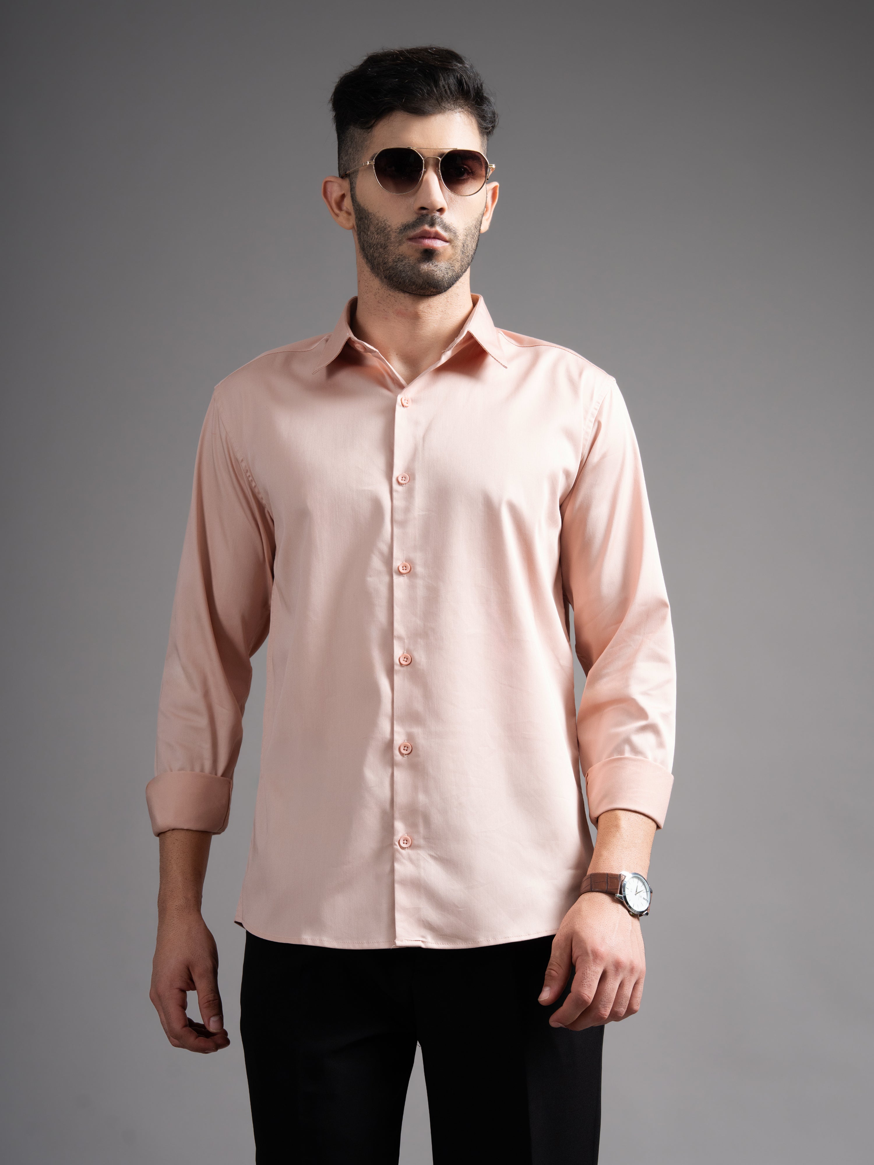 Men Garn Solid Peach Shirt