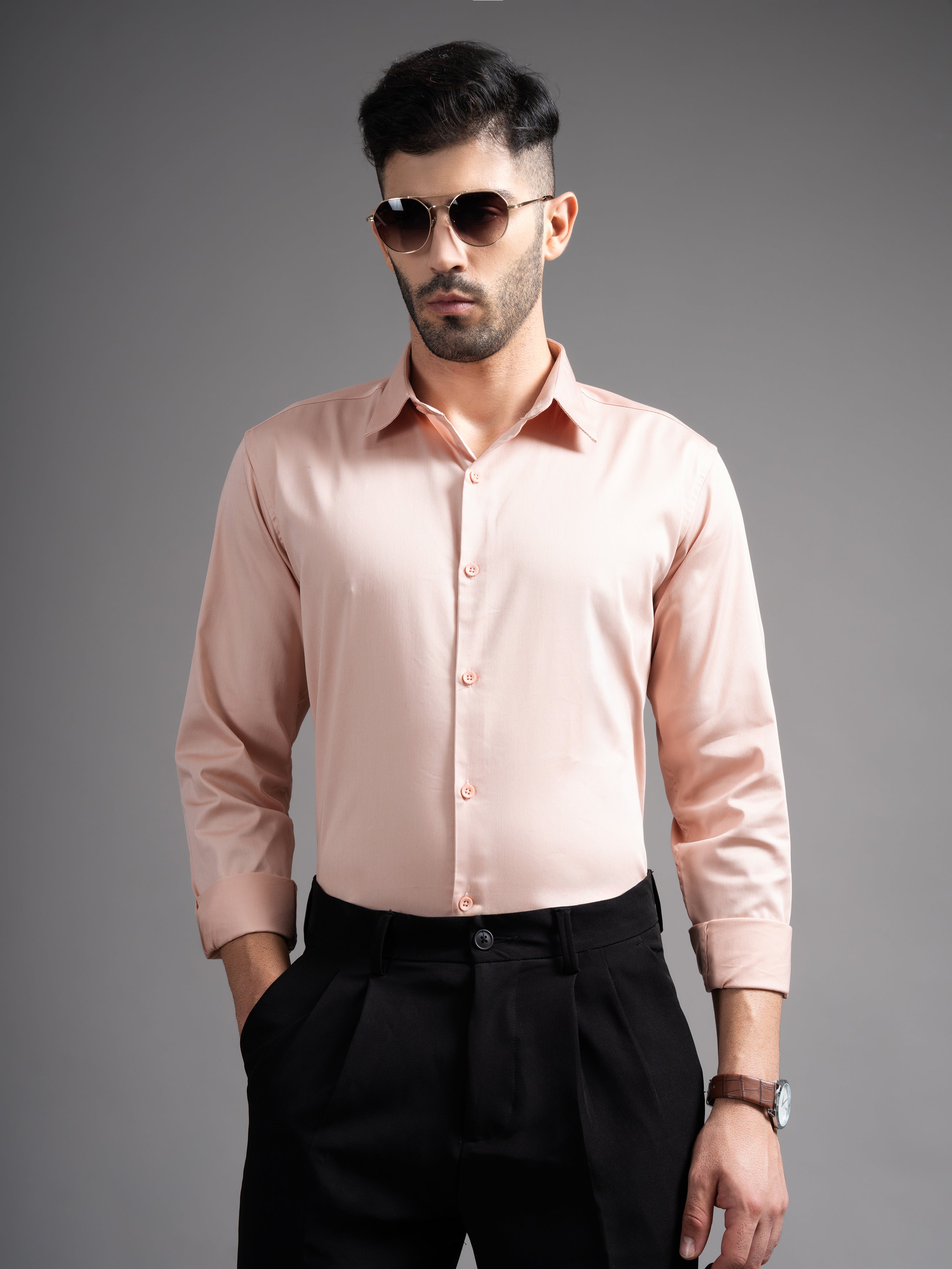Men Garn Solid Peach Shirt