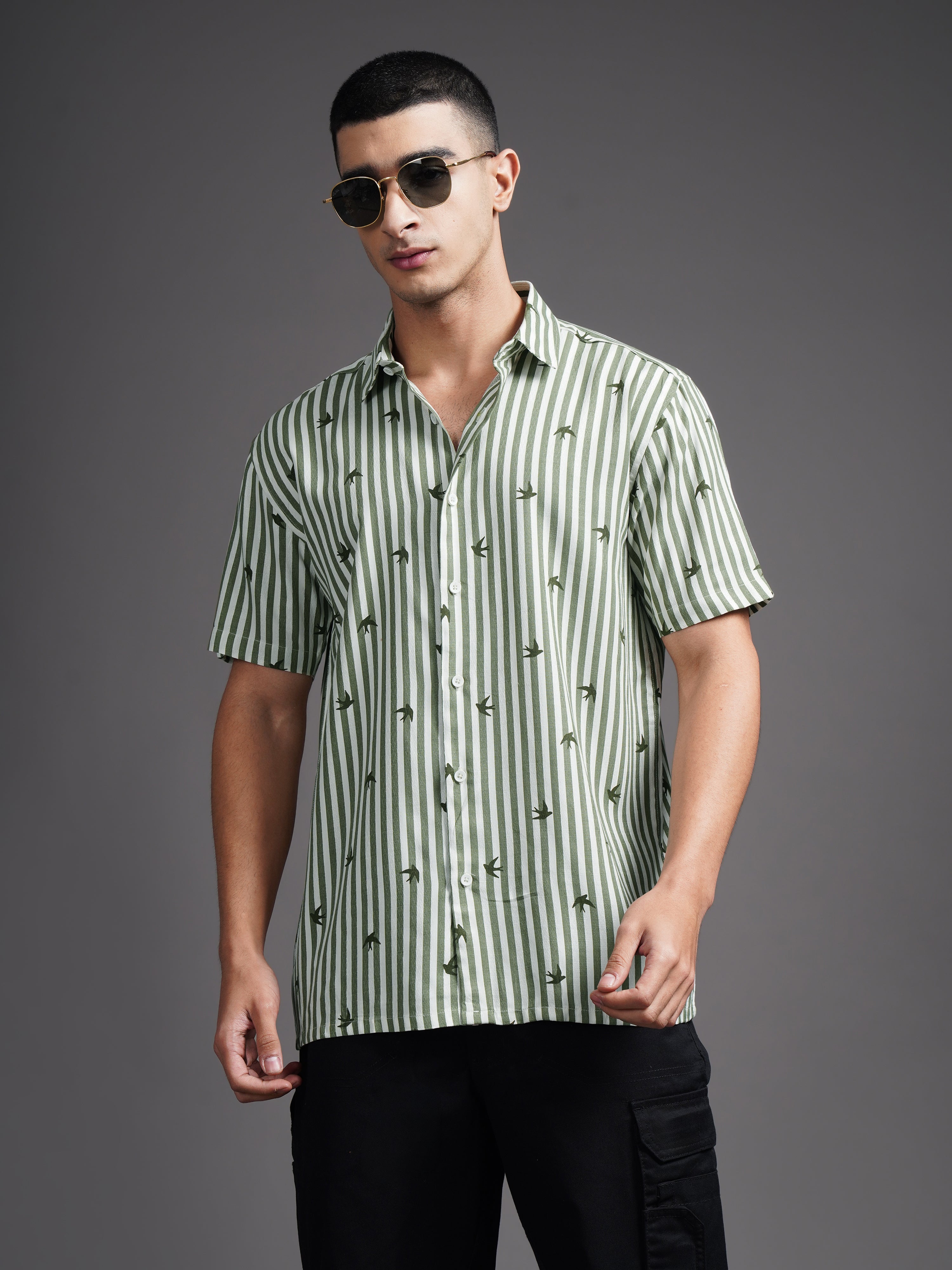 Men Elvan Green Striped Shirt
