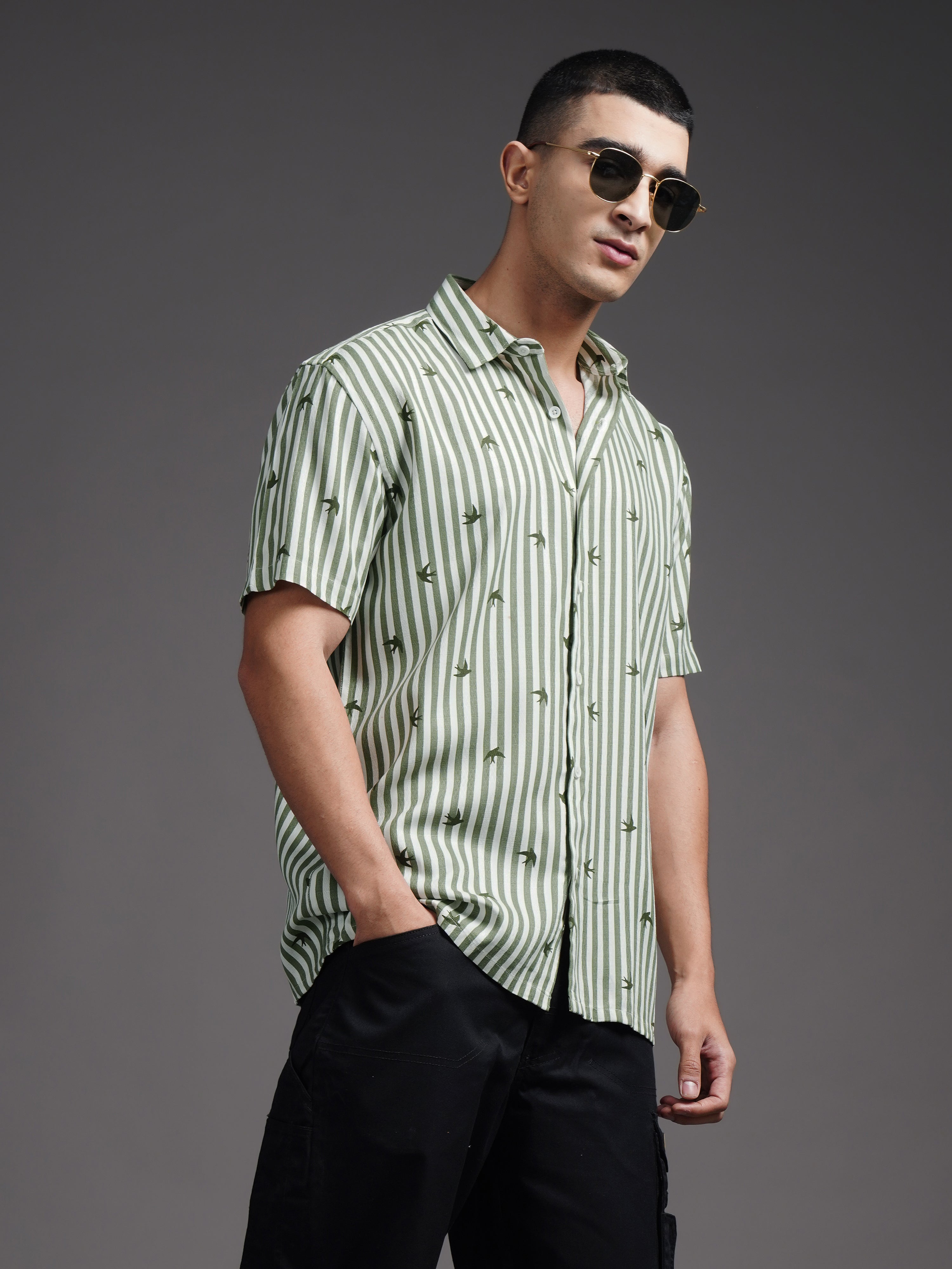 Men Elvan Green Striped Shirt