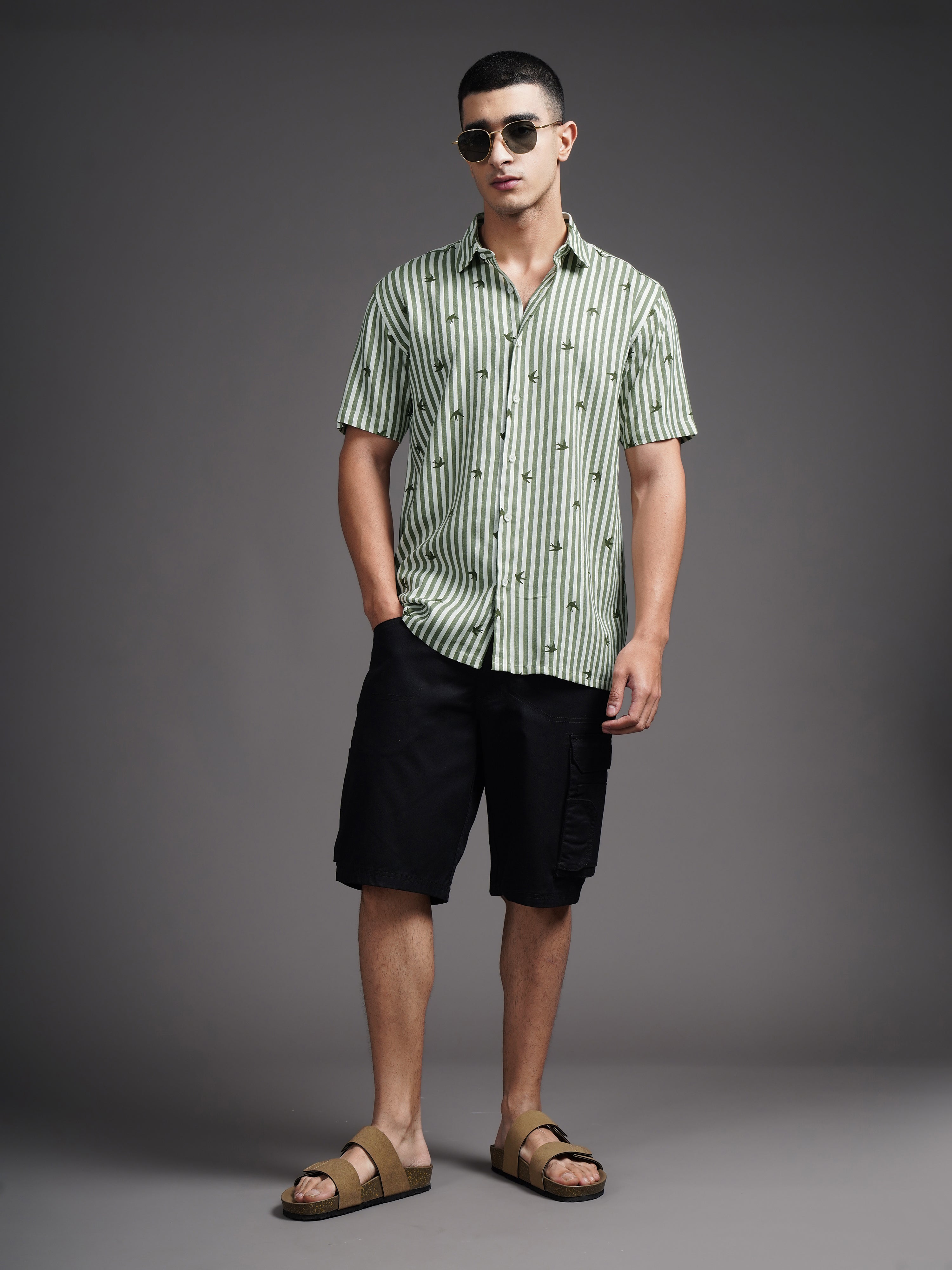 Men Elvan Green Striped Shirt