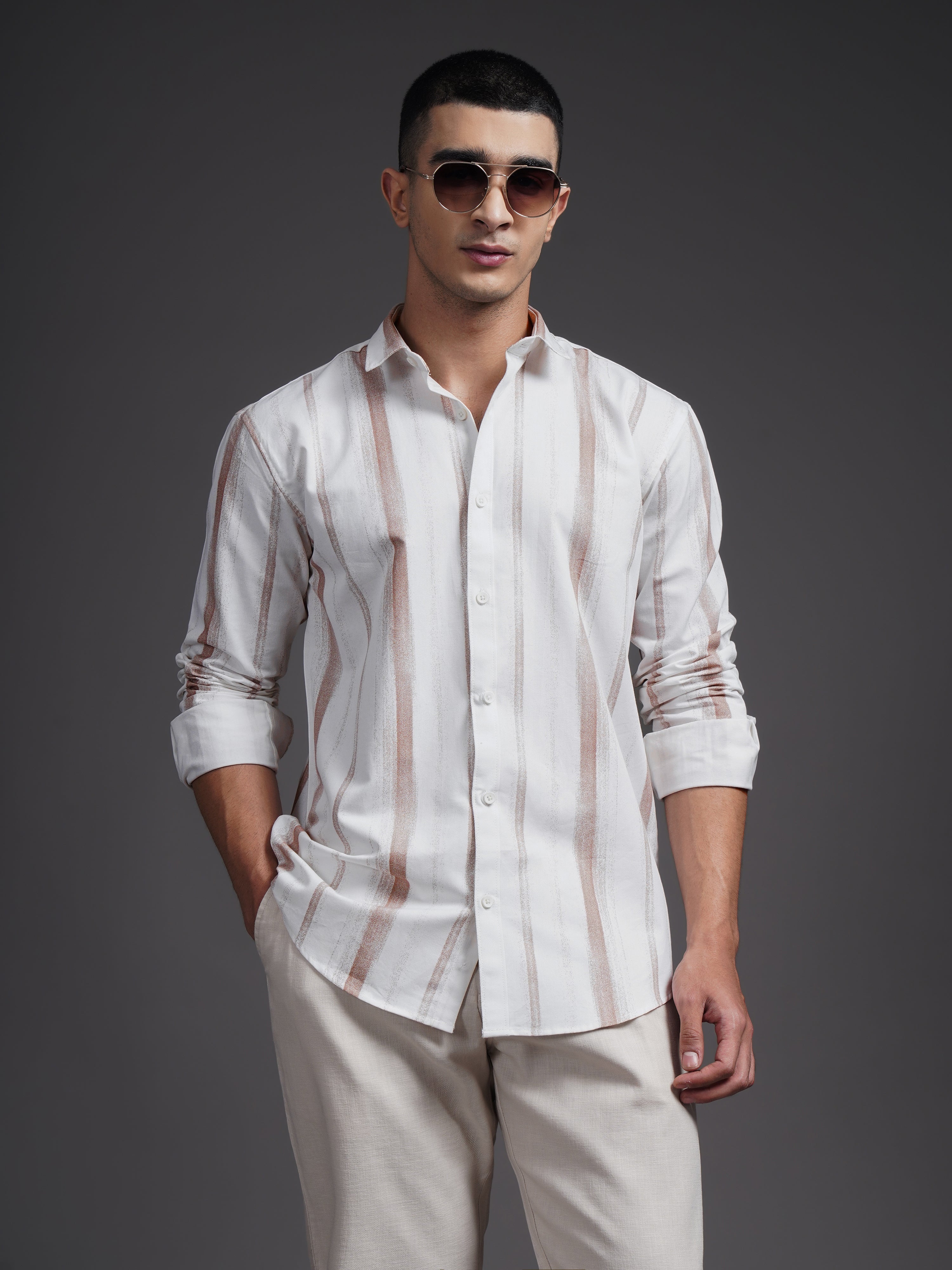 Men Eskar Brown Striped Shirt
