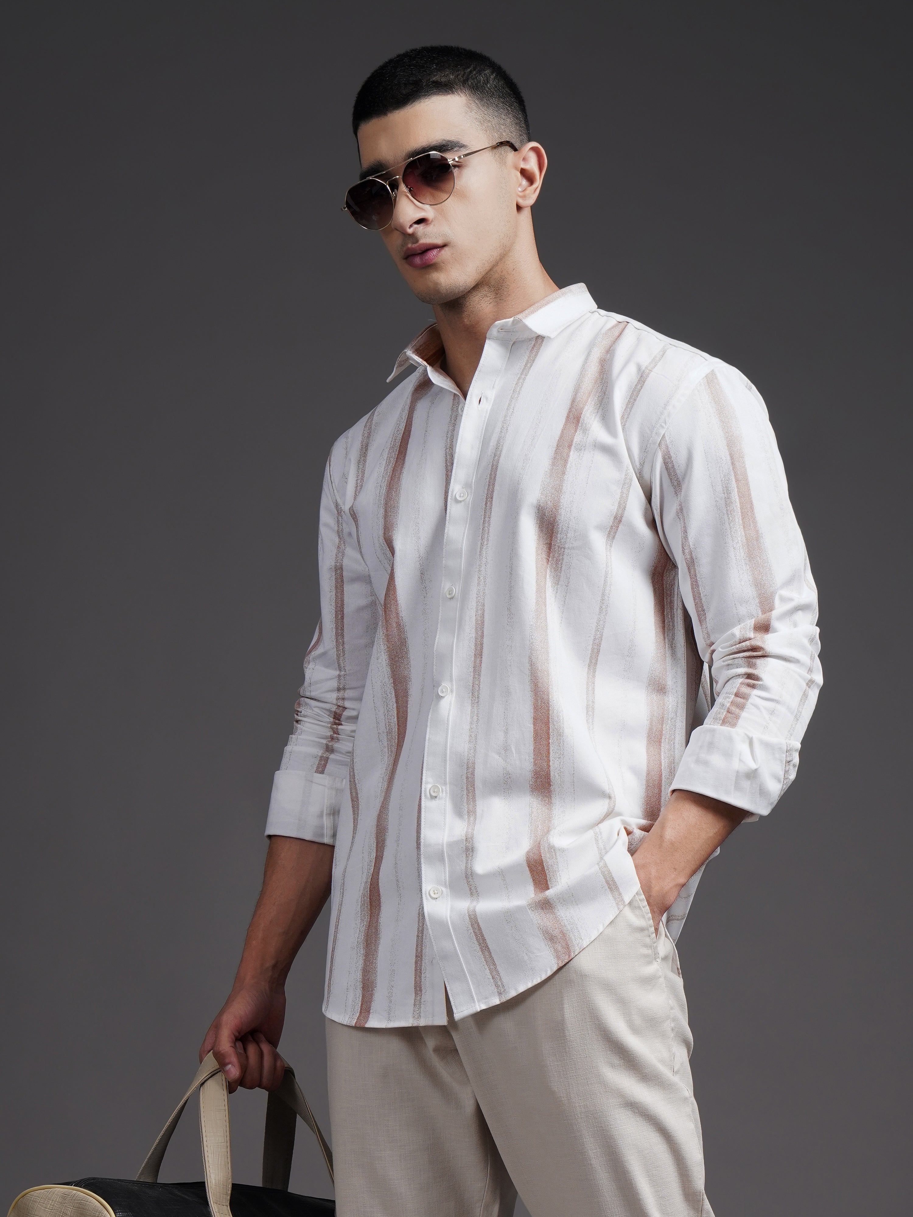 Men Eskar Brown Striped Shirt