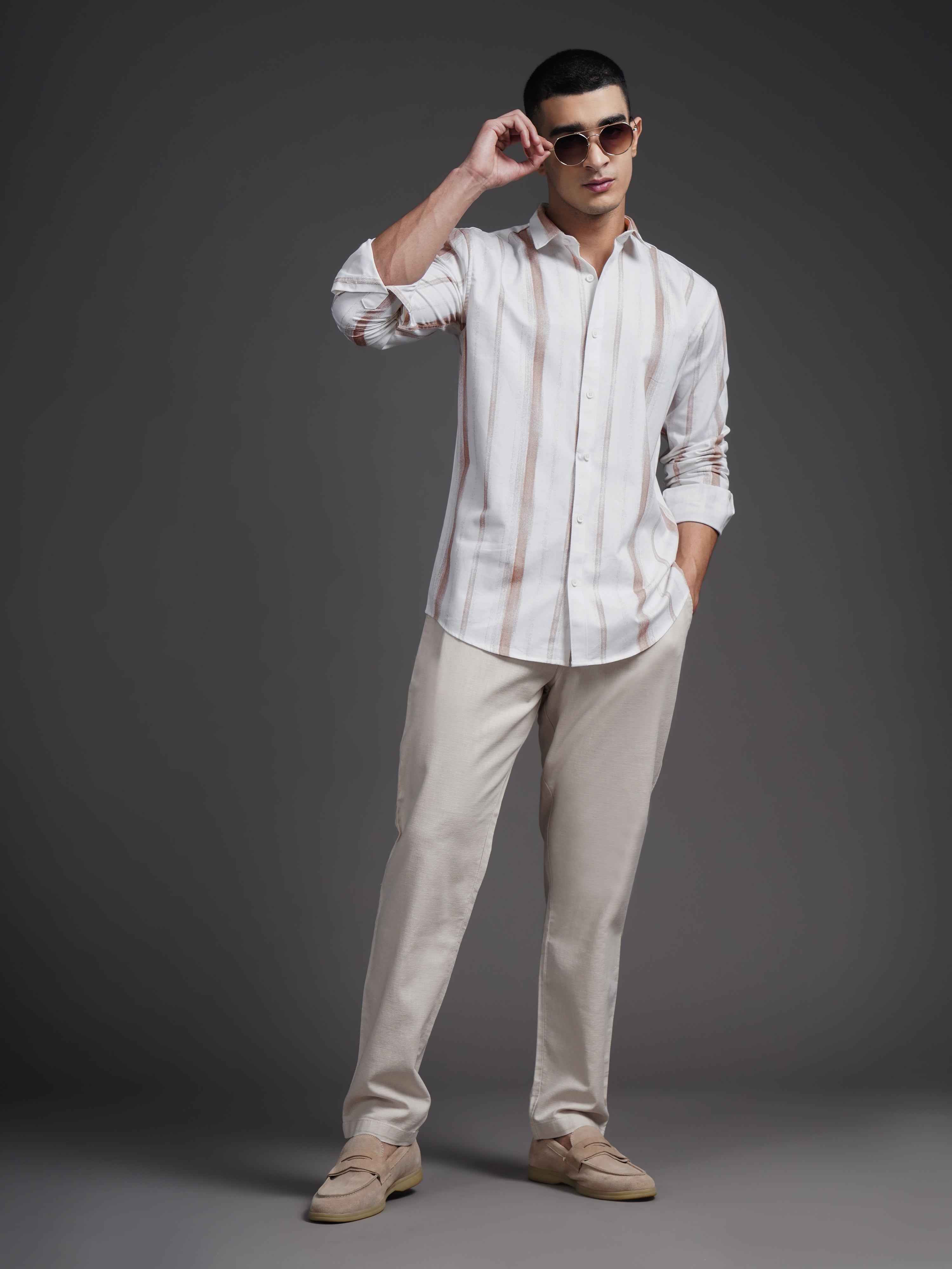 Men Eskar Brown Striped Shirt