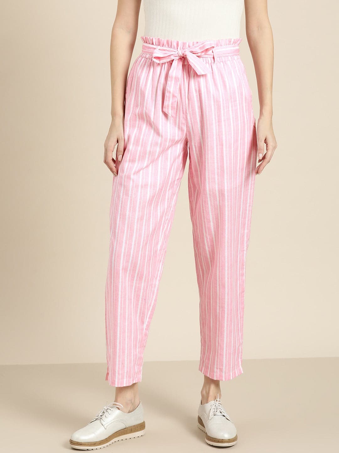 Women Pink Stripes Paper Bag Pants