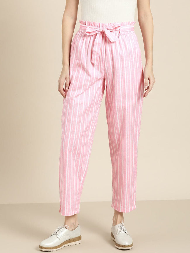 Women Pink Stripes Paper Bag Pants
