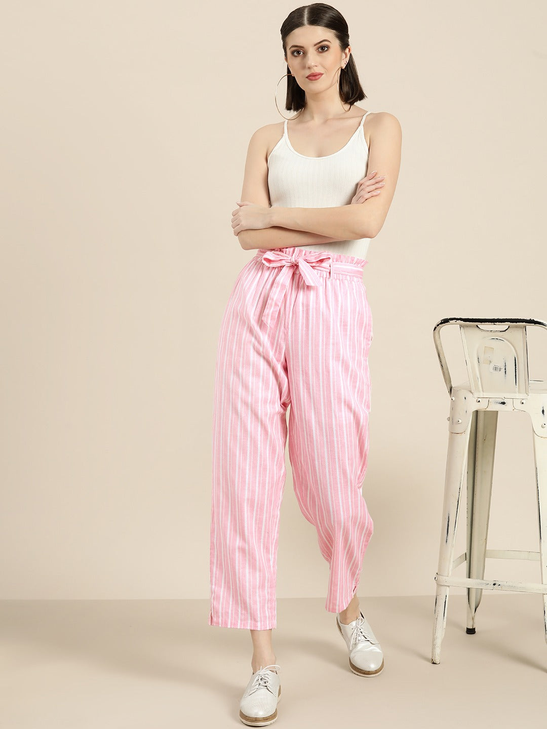 Women Pink Stripes Paper Bag Pants
