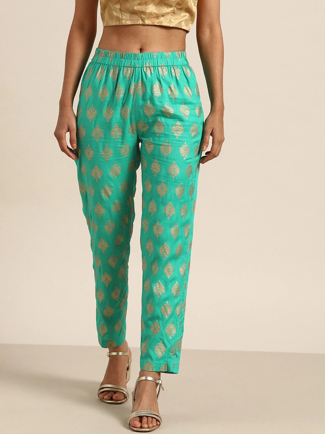 Women Green Floral Foil Pencil Pants