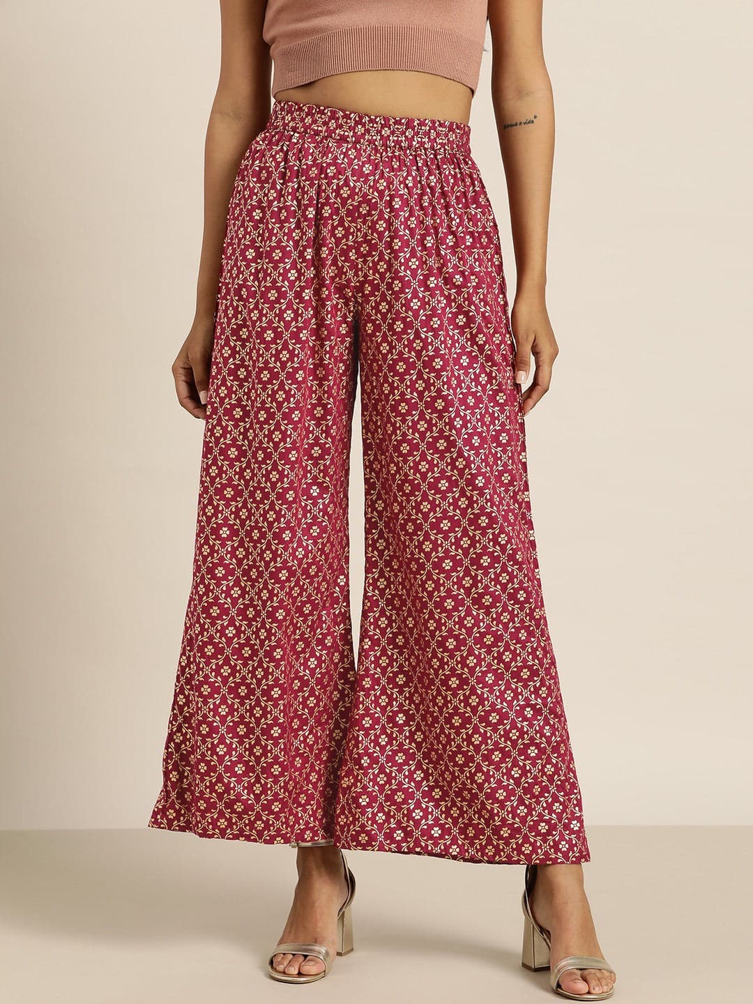 Burgundy Foil Print Flared Liva Pants