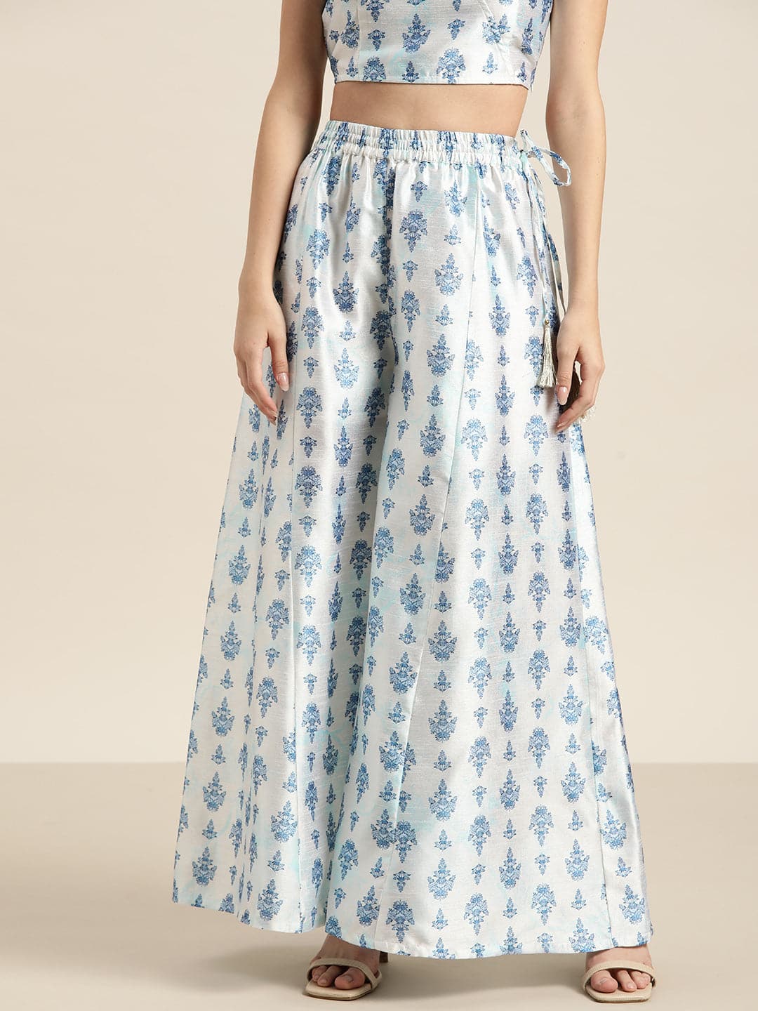 White & Blue Floral Kali Palazzo Pants-Pants-SASSAFRAS