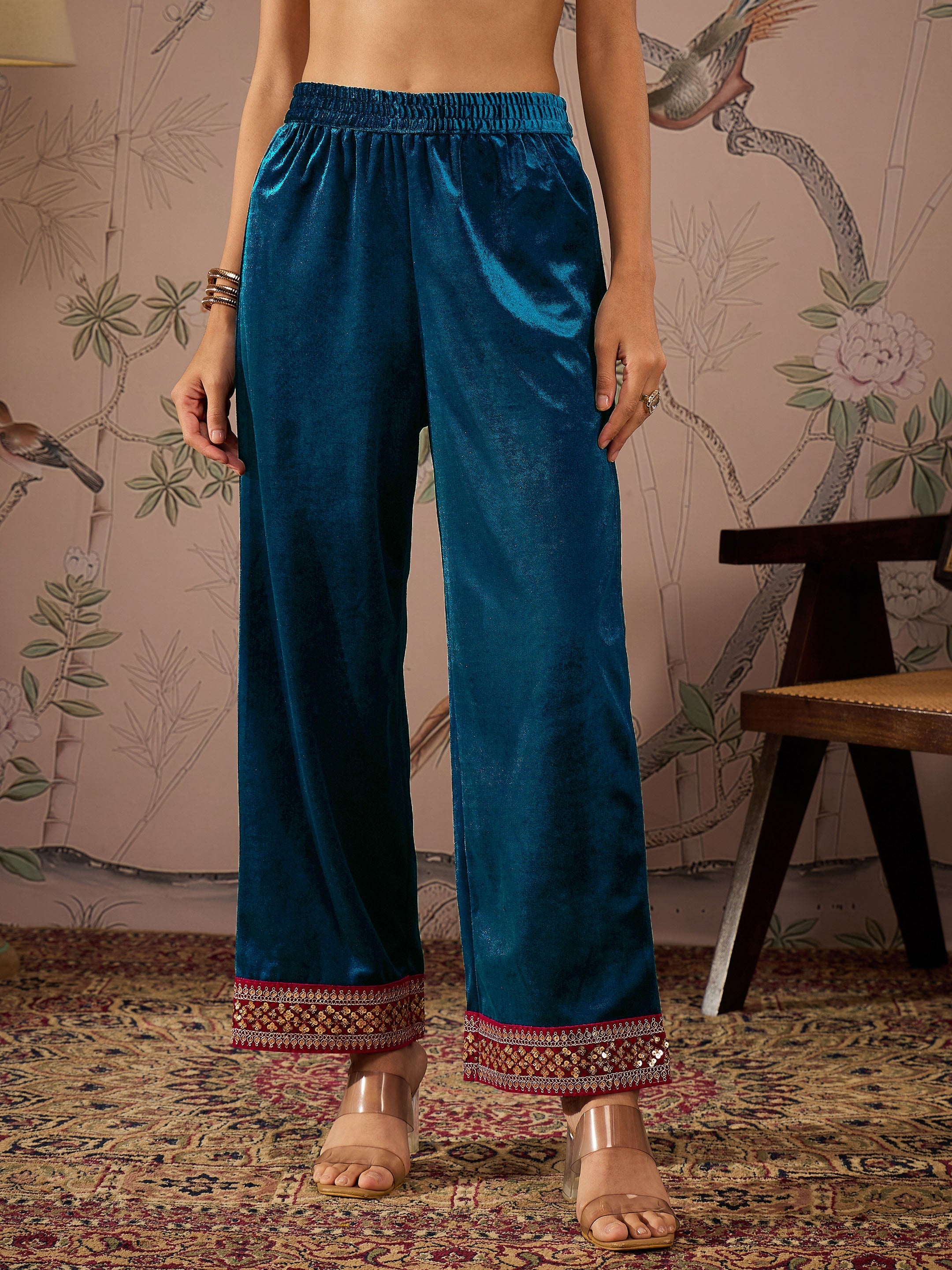 Women Teal Velvet Hem Embroidered Straight Pants