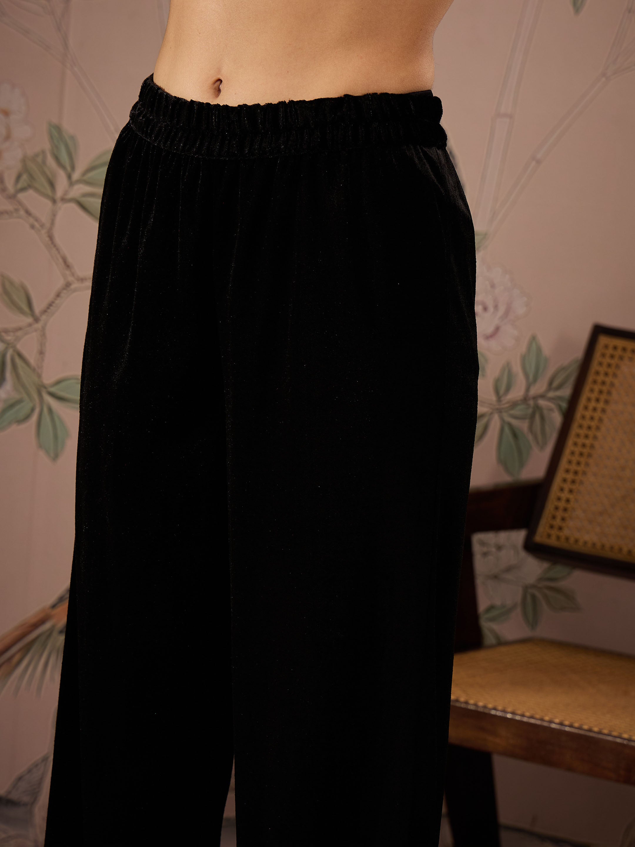 Women Black Velvet Hem Embroidered Elasticated Straight Pants