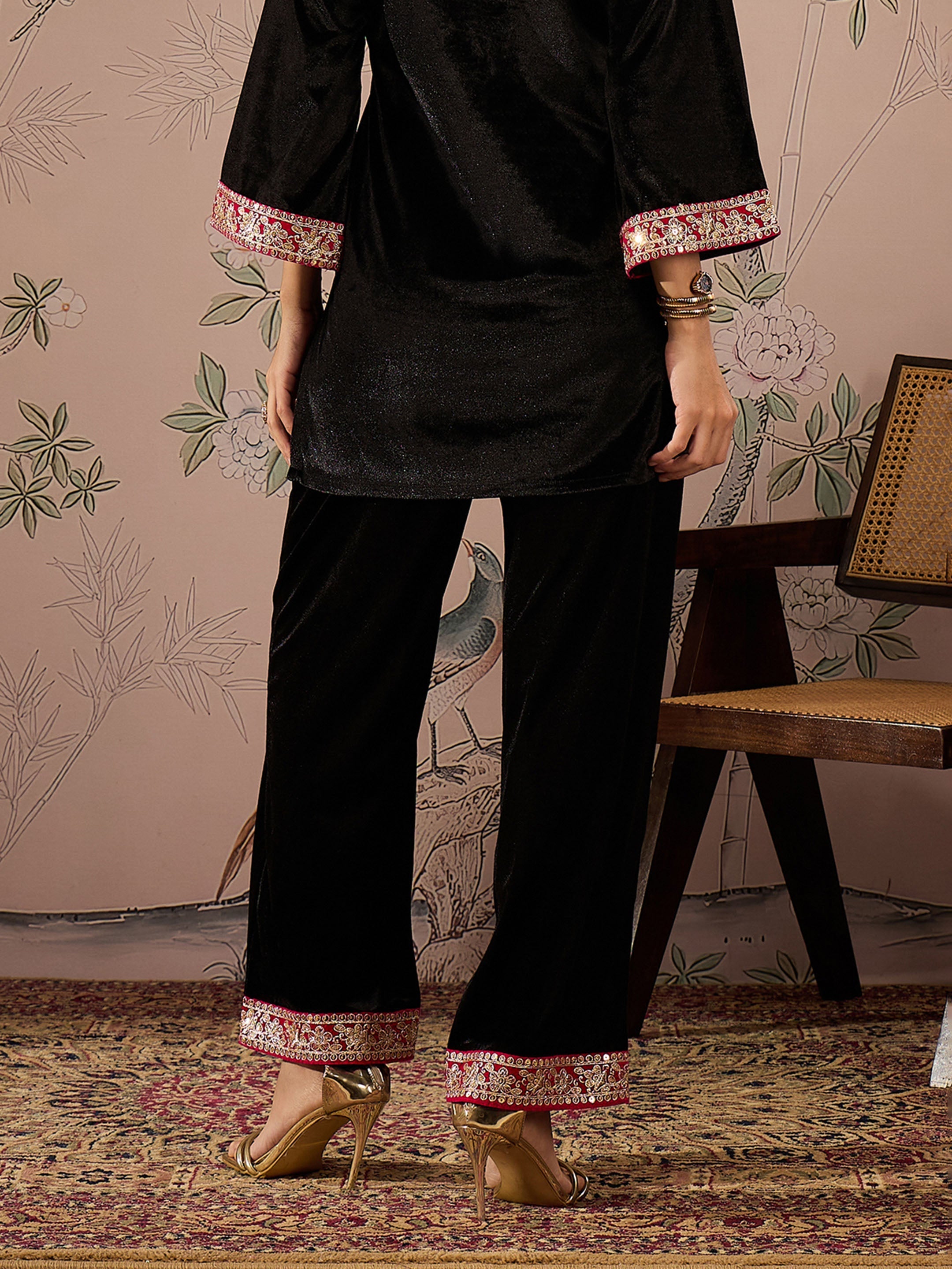Women Black Velvet Hem Embroidered Elasticated Straight Pants