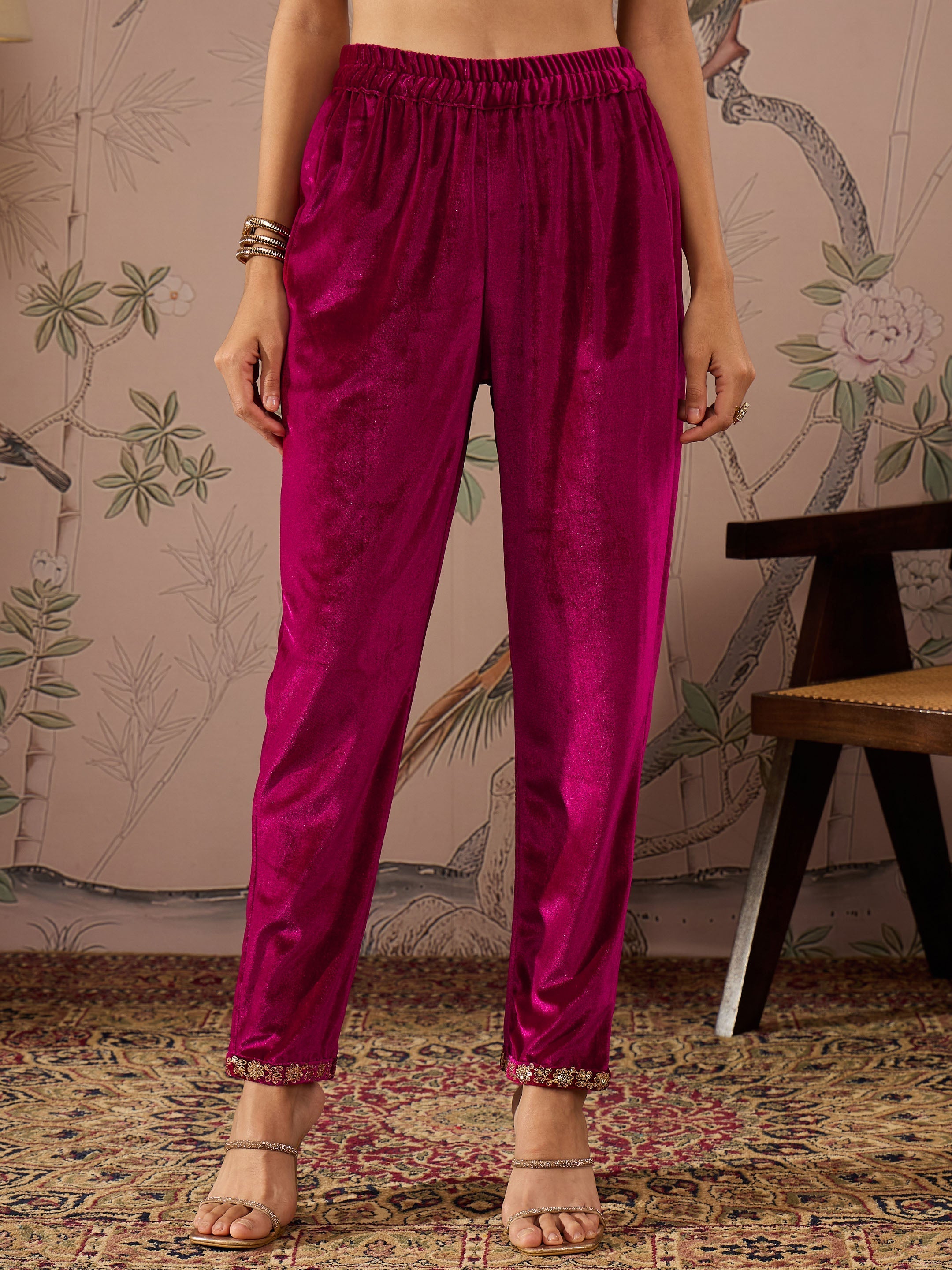 Women Magenta Velvet Hem Embroidered Pencil Pants